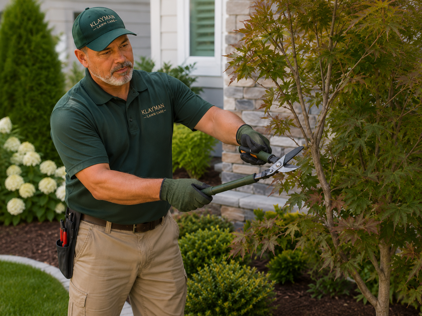 Klayman Landscapes trimming and shaping ornamental plants in a residential landscape