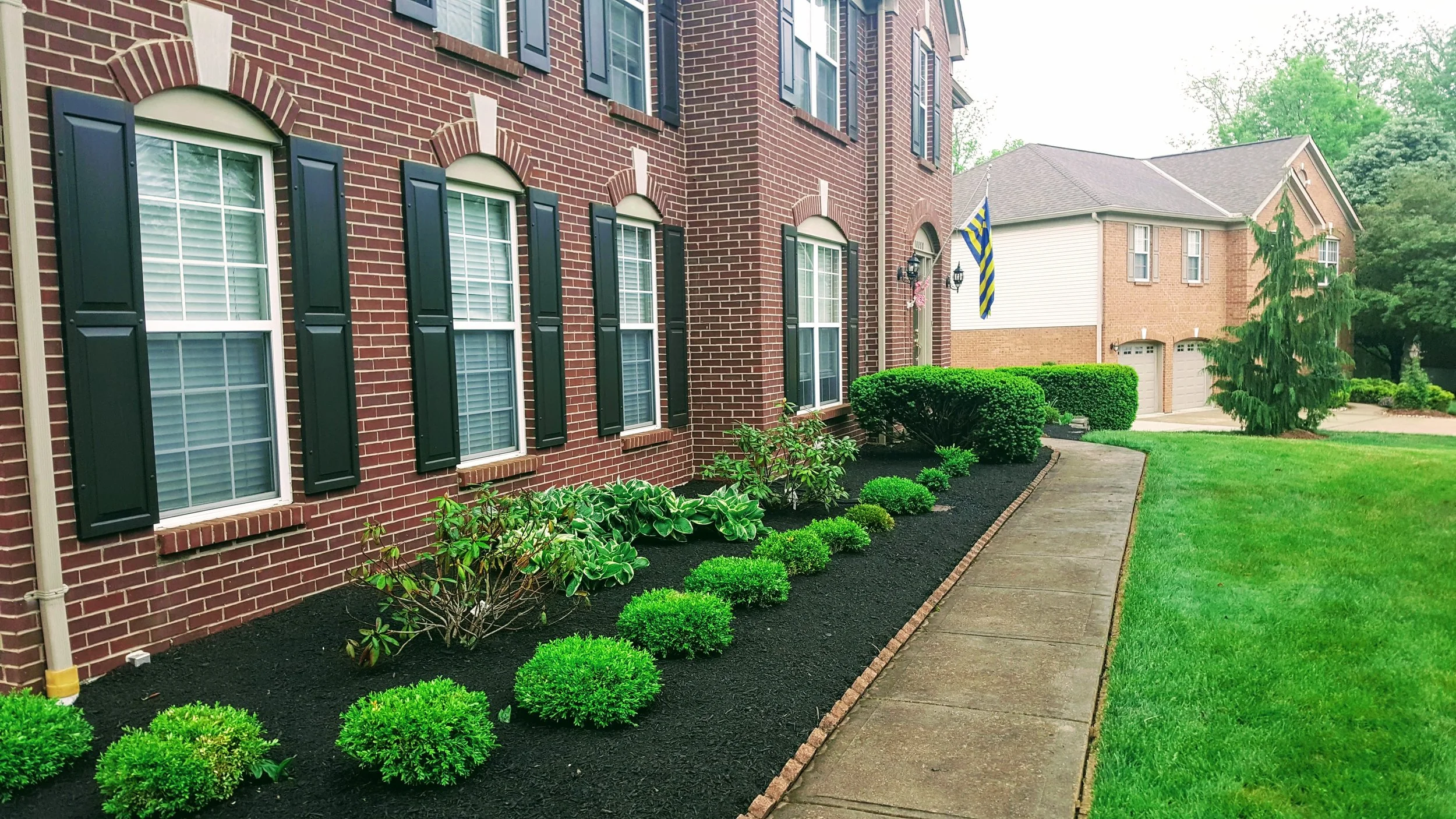 Residential walkway landscape beds maintained with trimmed shrubs, clean mulch, and detailed bed care.