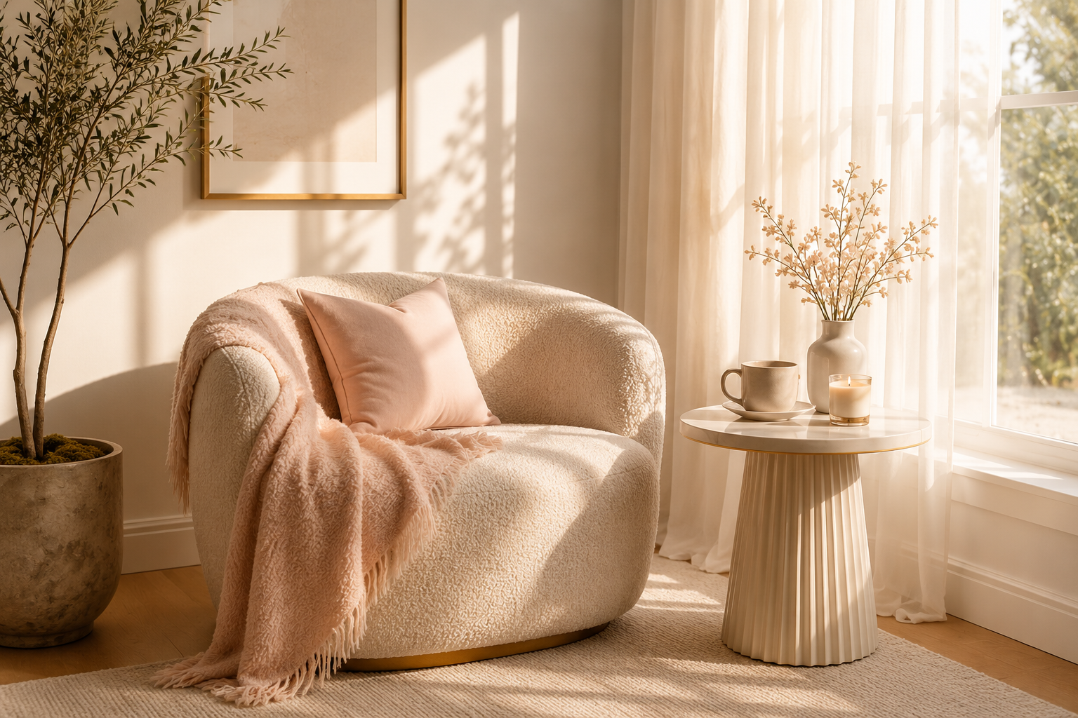 a cozy living room corner with a white textured sofa, a pink pillow, and a pink throw blanket, next to a side table with a mug, a candle, and a vase with dried flowers, near a large window with sheer curtains