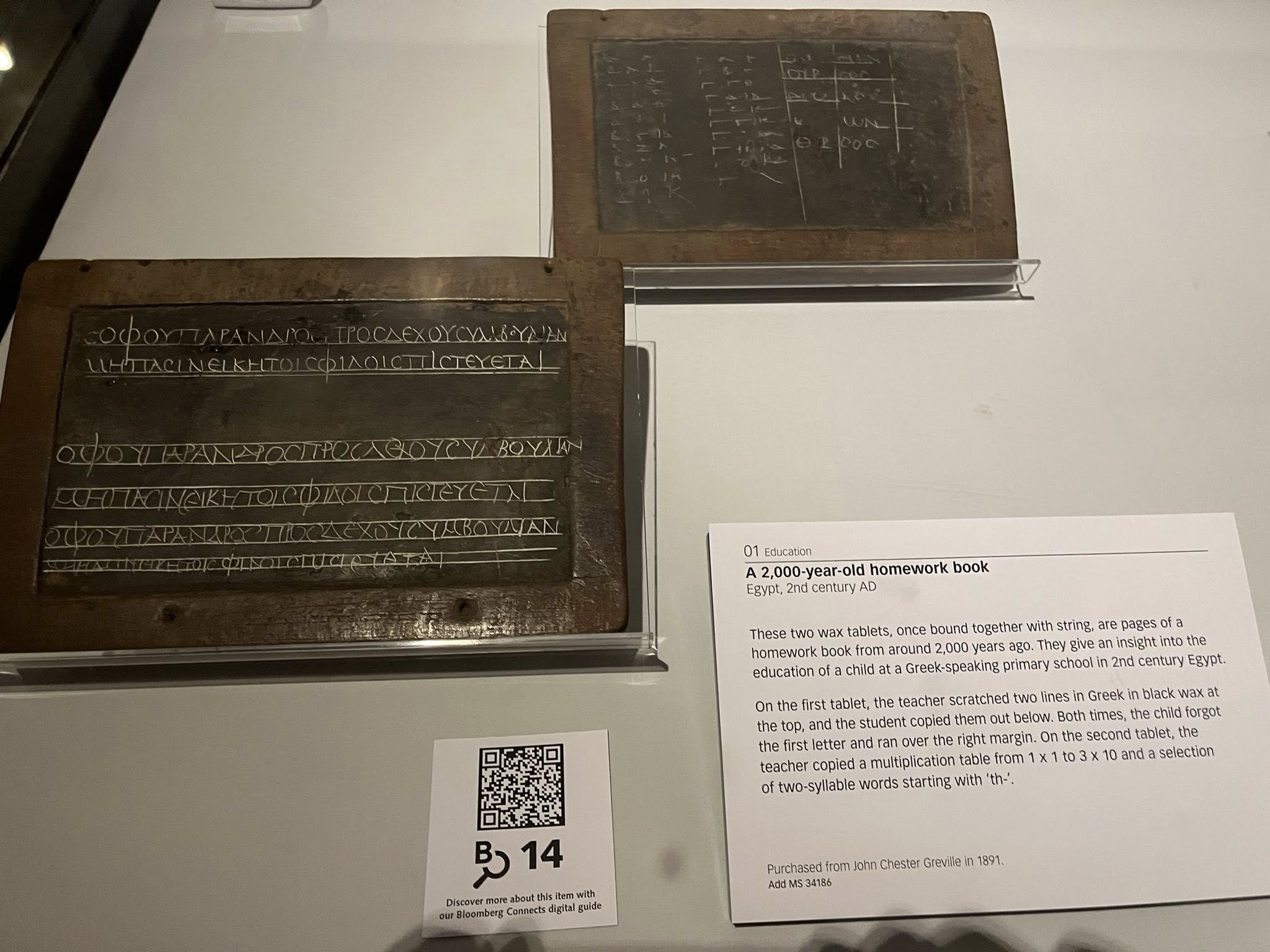 Image of a 2,000 year old homework book from Egypt in the British Library in London