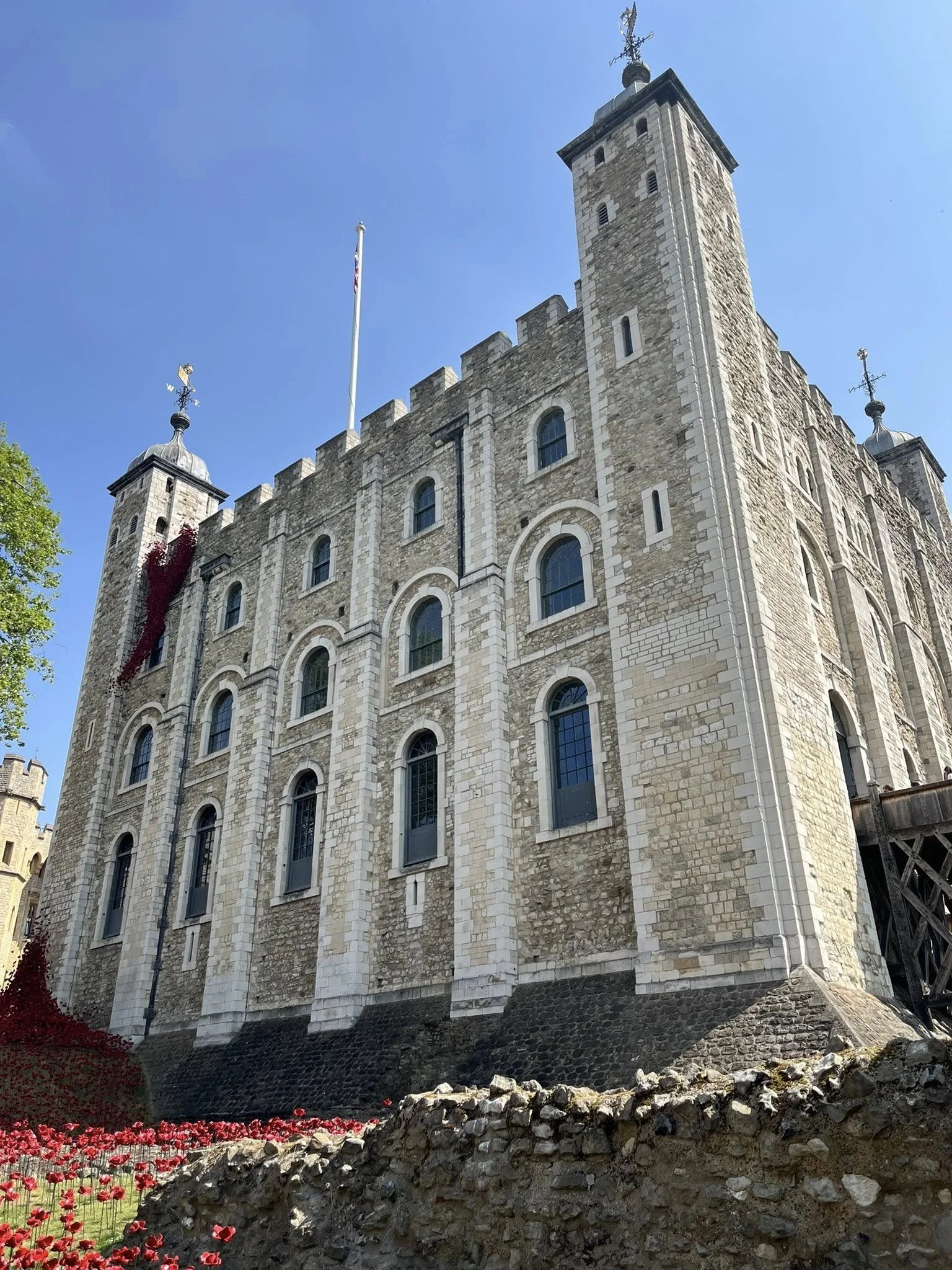 The White Tower at the Tower of London with ceramic poppies in front in honor of the 80th anniversary of WWII ending