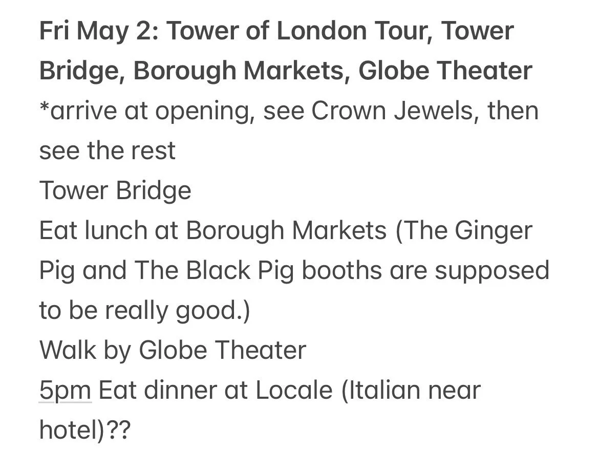Screenshot of London Itinerary with Stops at the Tower of London, Tower Bridge, Borough Markets, the Globe Theater, and dinner at Locale