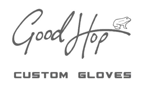 Logo for Good Hop Custom Gloves featuring stylized text and a small jumping frog.