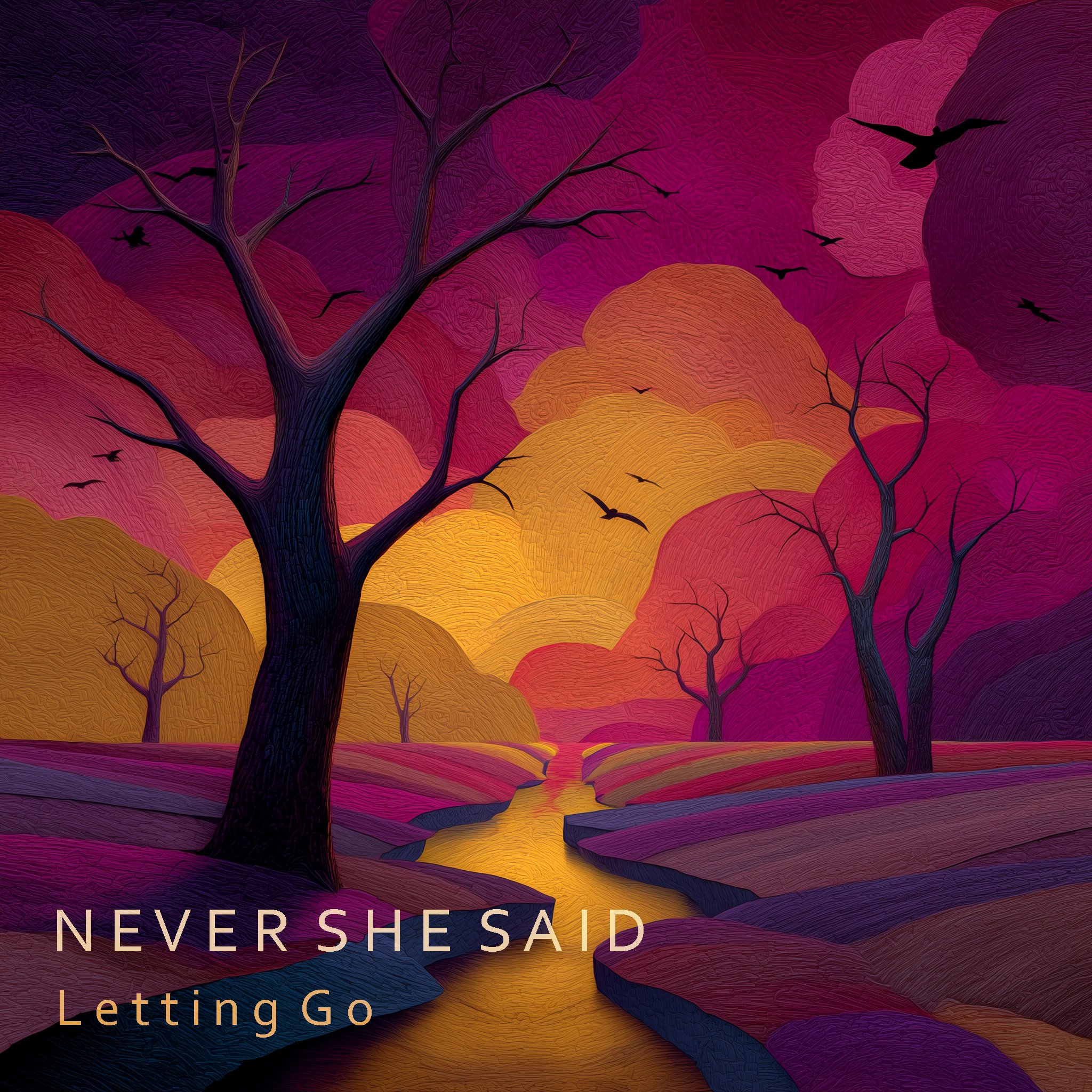 Abstract digital artwork of a landscape with leafless trees, colorful hills in shades of pink, orange, purple, and blue, with flying birds silhouetted against a vibrant sunset sky.