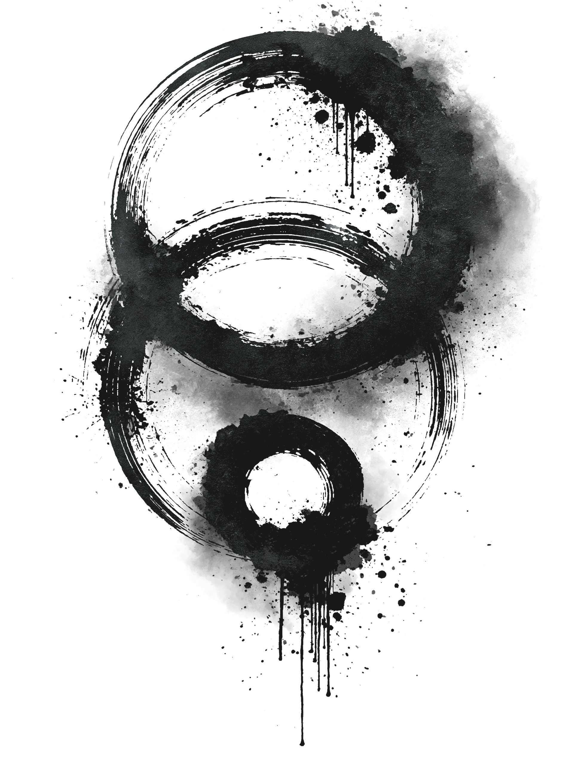 Black ink splatter and brushstroke pattern resembling camera lenses or speakers on white background.