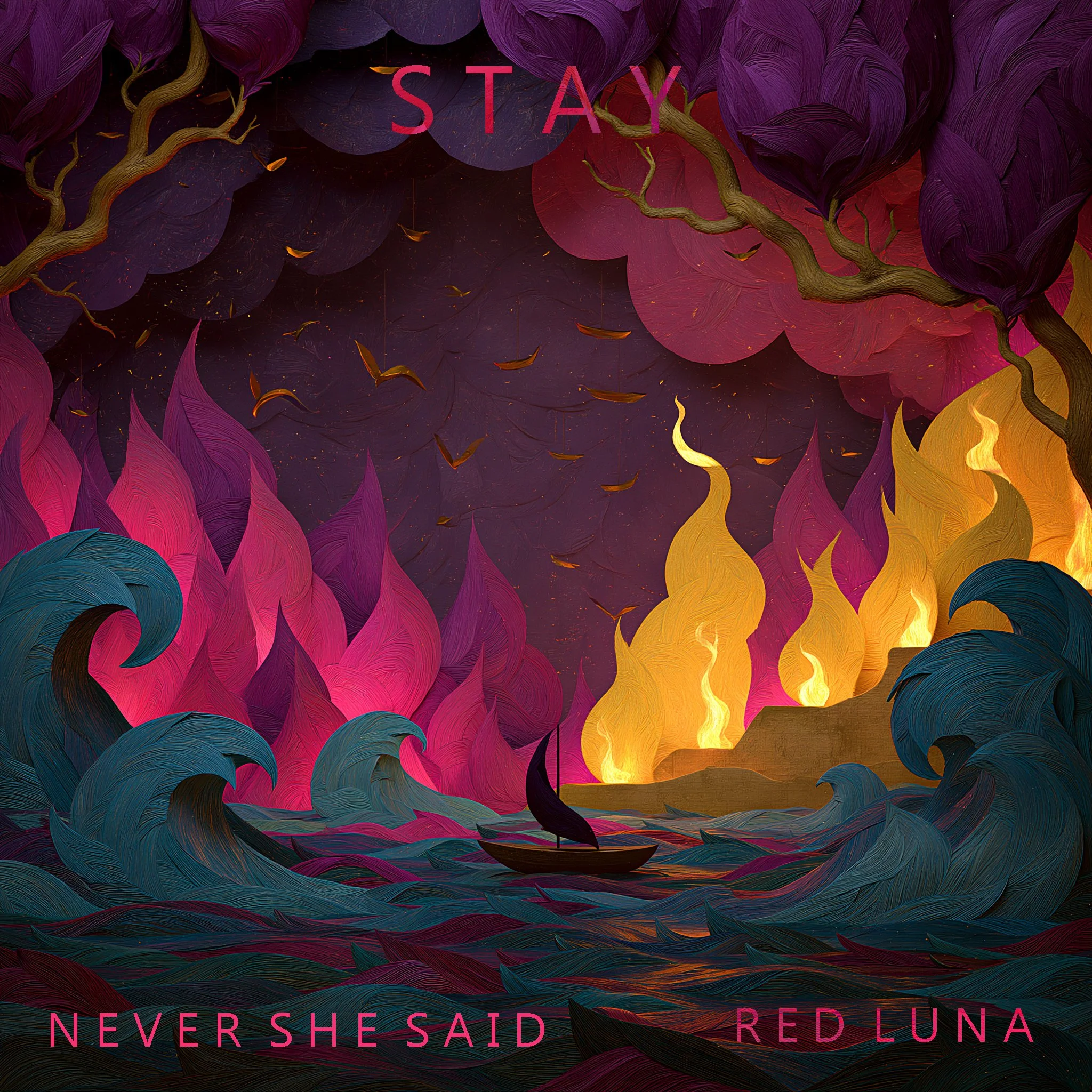 A colorful, abstract digital painting featuring a boat on swirling waves with purple, pink, and yellow hues and a dark background. The word 'STAY' appears above the boat, and the phrases 'NEVER SHE SAID' and 'RED LUNA' are at the bottom.