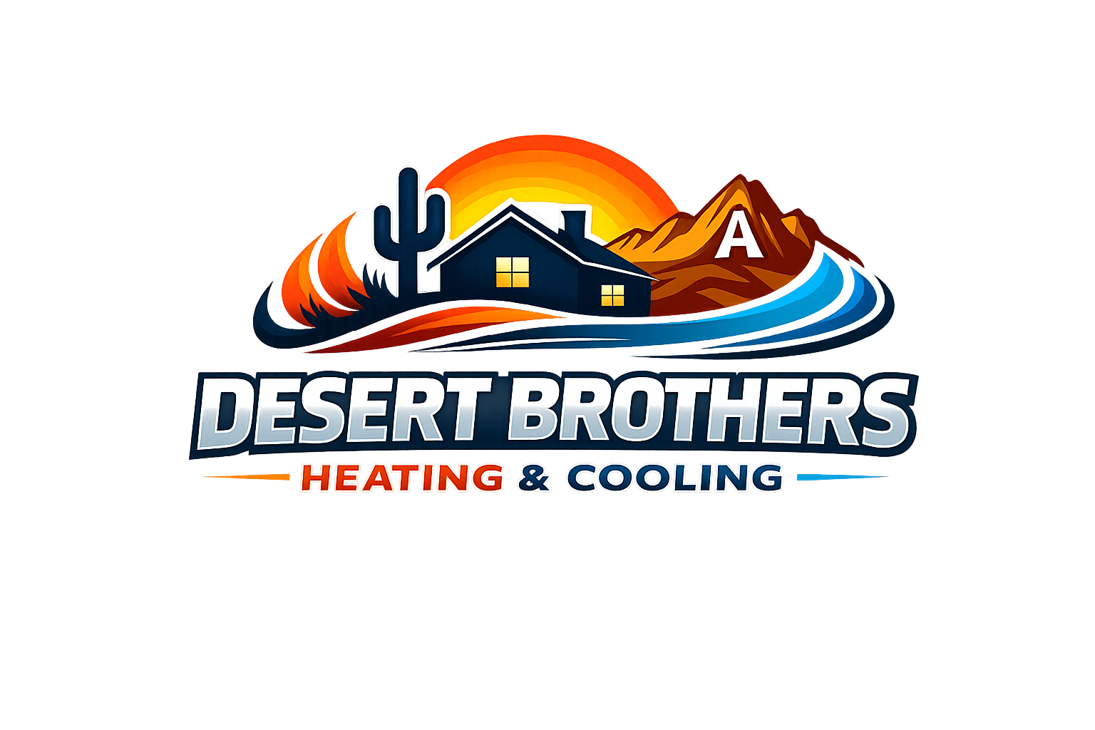 Logo for Desert Brothers Heating & Cooling featuring a desert landscape with cactus, house, mountains, and sun.