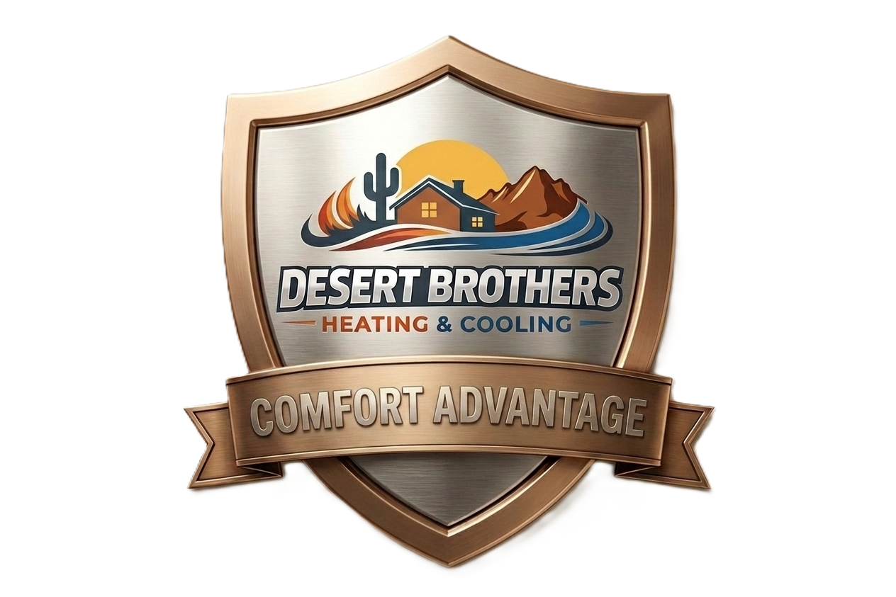 A shield-shaped logo for Desert Brothers Heating & Cooling with mountains, a house, cacti, and a sun. The logo includes the text "Desert Brothers Heating & Cooling" and a banner reading "Comfort Advantage."