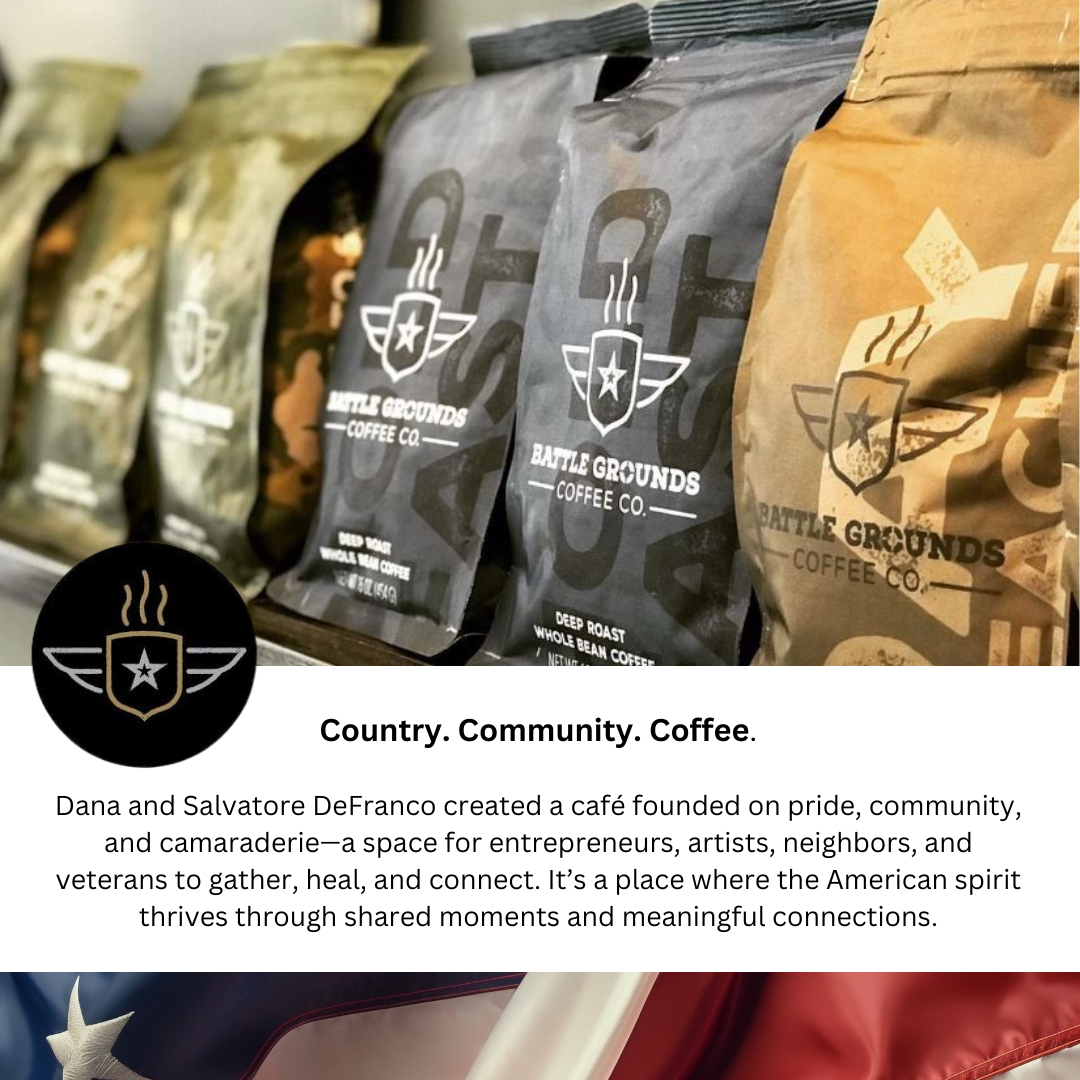 Packages of Battle Grounds Coffee Co. whole bean coffee, including deep roast, in black, gray, and brown packaging with a logo featuring a shield with a star and wings.
