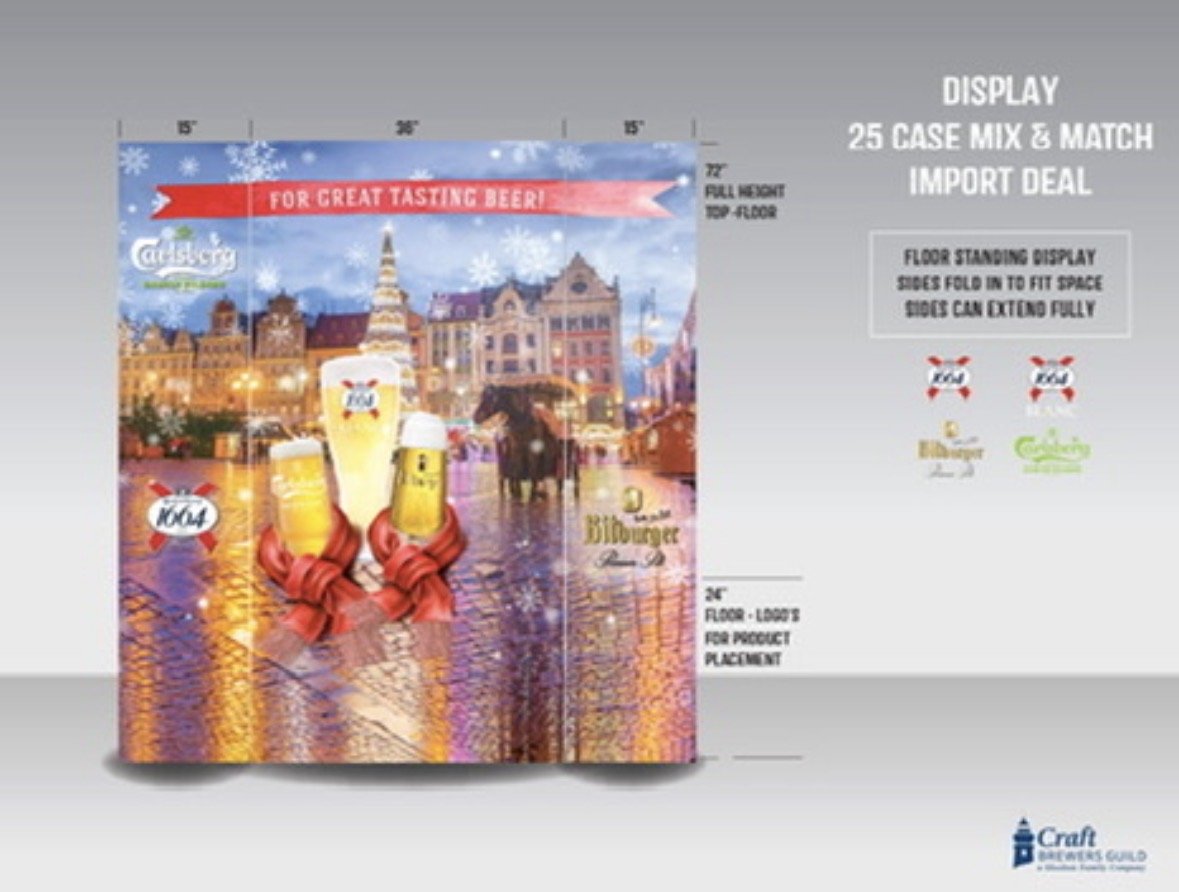 A fold-out display of beer mugs and logos for a beer brand, with a festive cityscape background and snowflakes, promoting beer tasting.