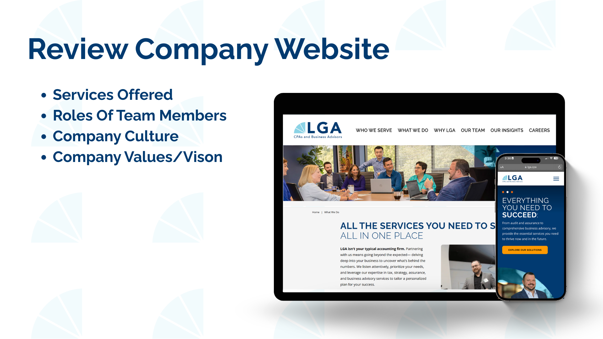 Slide showing a company website and mobile view for LGA CPA and Business Advisors, with a list of services offered, team roles, company culture, and values.