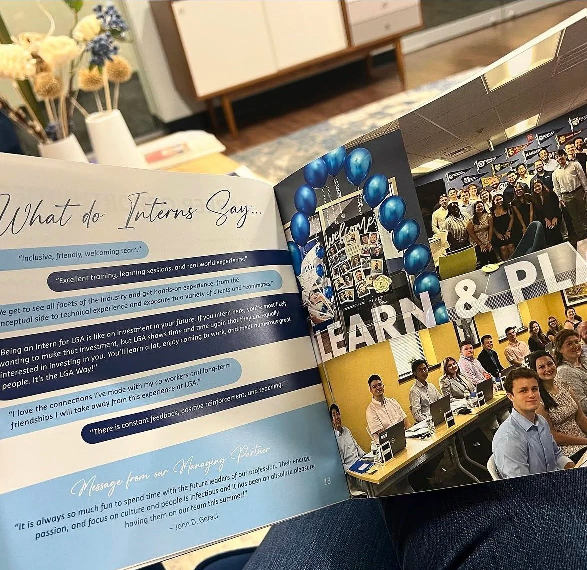 A brochure page with quotes about intern experiences, including phrases like 'inclusive, friendly, welcoming team,' 'excellent training,' and 'constant feedback.' The page features a photo collage of interns at an event with blue balloons and a large
