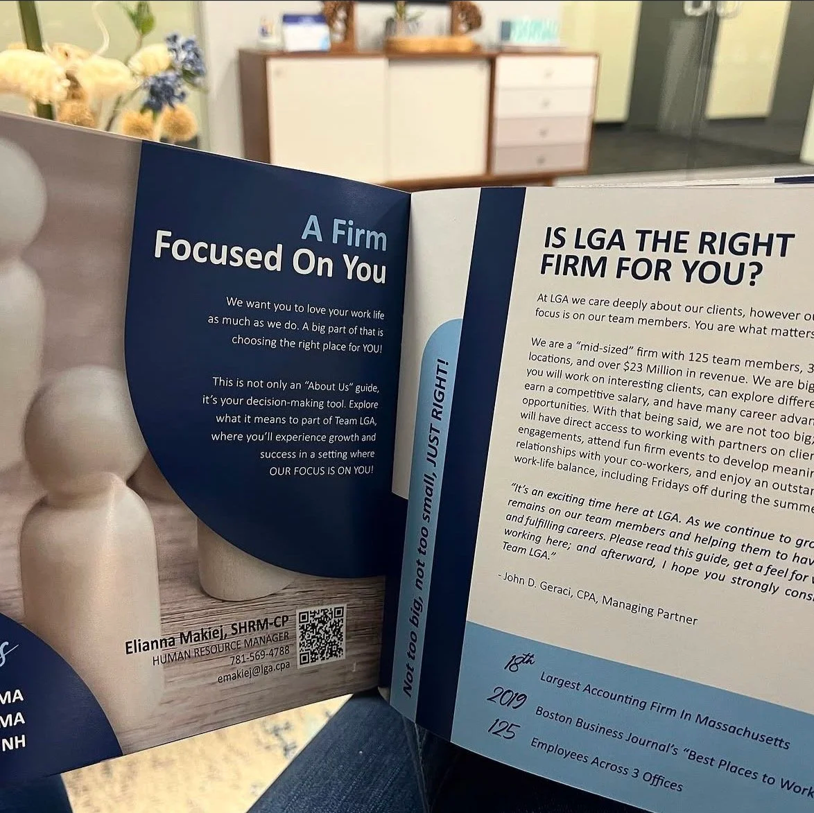Open brochure with information about team LGA, a mid-sized accounting firm with 125 team members, over $23 million in revenue, and their focus on employee engagement and professional growth.