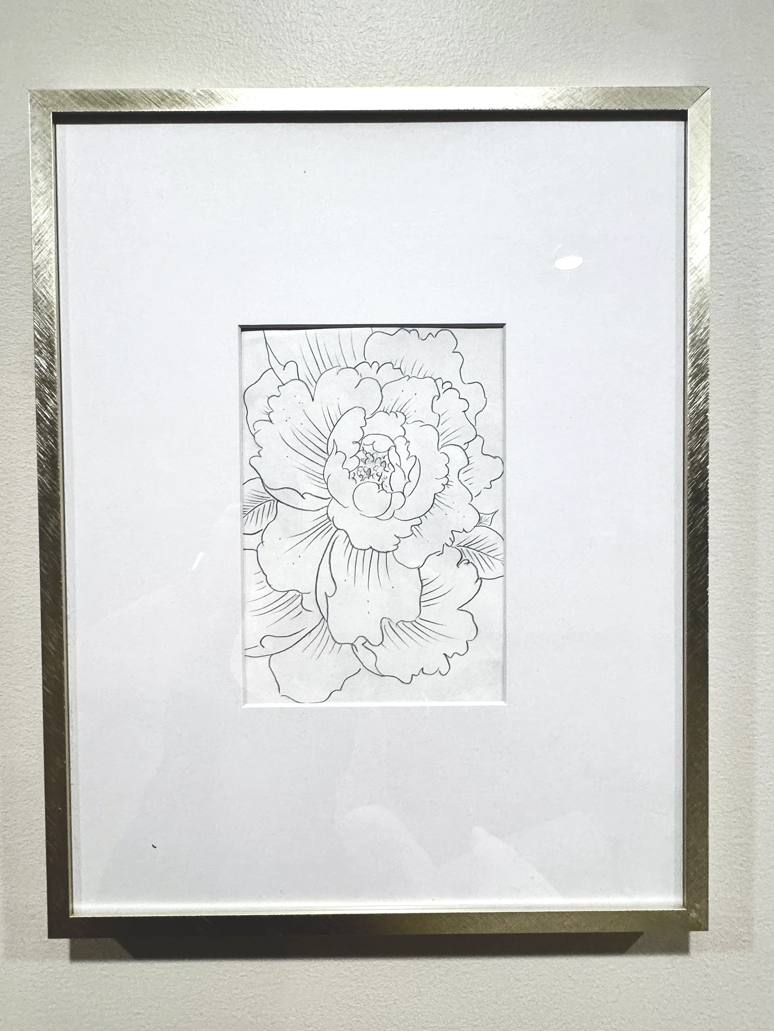 Black and white line drawing of a large peony flower framed in an ornate silver frame.