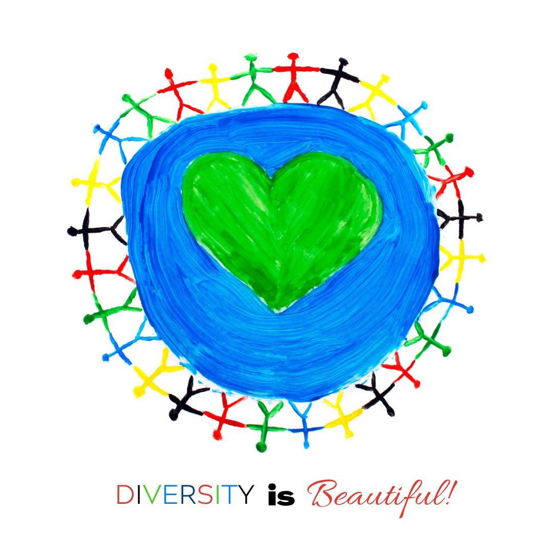 Colorful drawing of interconnected human figures in rainbow colors surrounding a heart inside a blue circle, with the words "DIVERSITY is Beautiful!" beneath.
