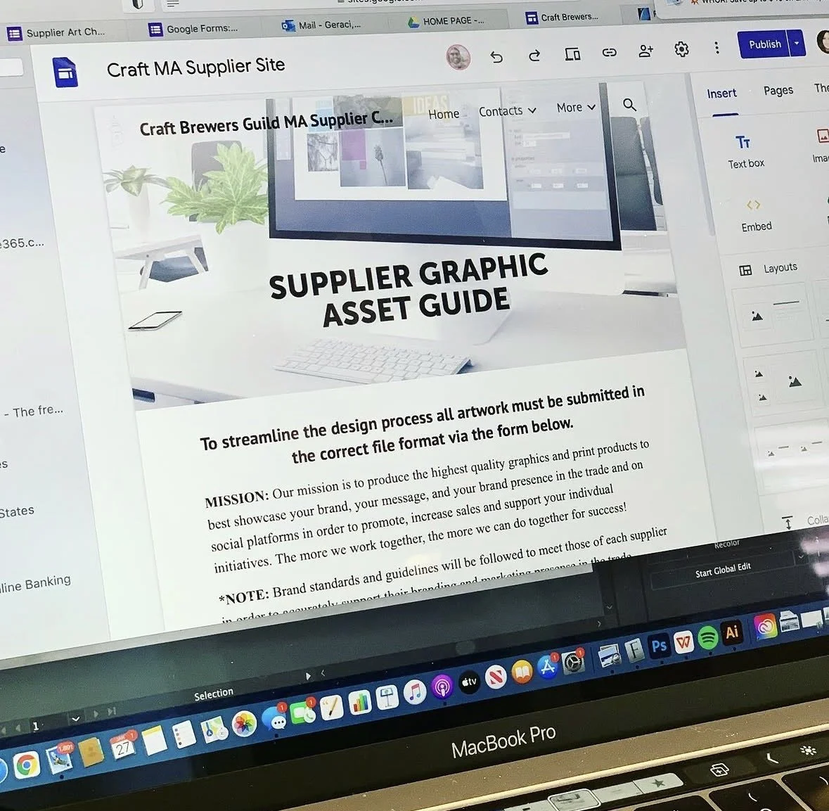 Screen displaying a webpage titled "Craft MA Supplier Site" with a section titled "Supplier Graphic Asset Guide" and text about submitting artwork in the correct file format.