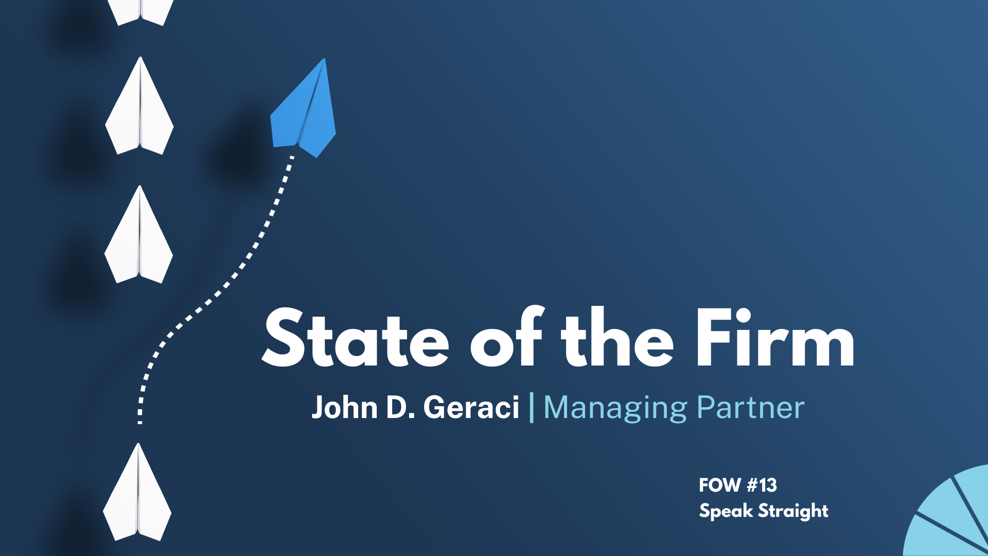 Cover slide of a presentation titled 'State of the Firm' by John D. Geraci, Managing Partner. The slide features blue and white paper airplanes arranged vertically along a dotted curved line, with additional annotations including 'FOW #13' and 'Speak