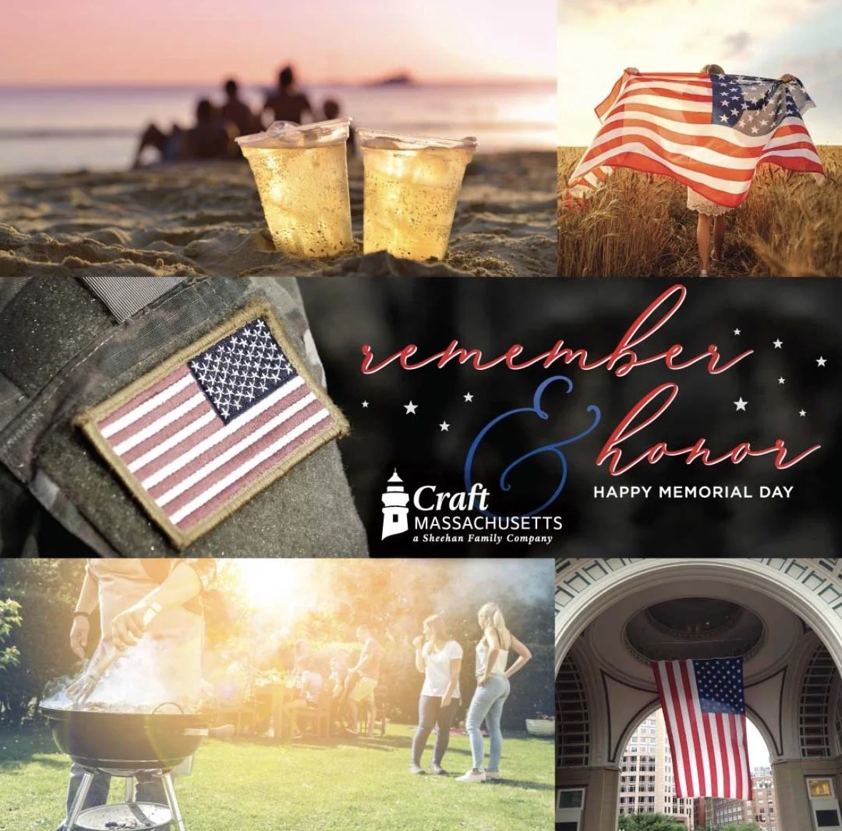 A collage of images celebrating Memorial Day, including drinks on the beach, a person holding an American flag in a field, a close-up of a uniform patch with an American flag, people at a barbecue, and a large American flag hanging inside a building.