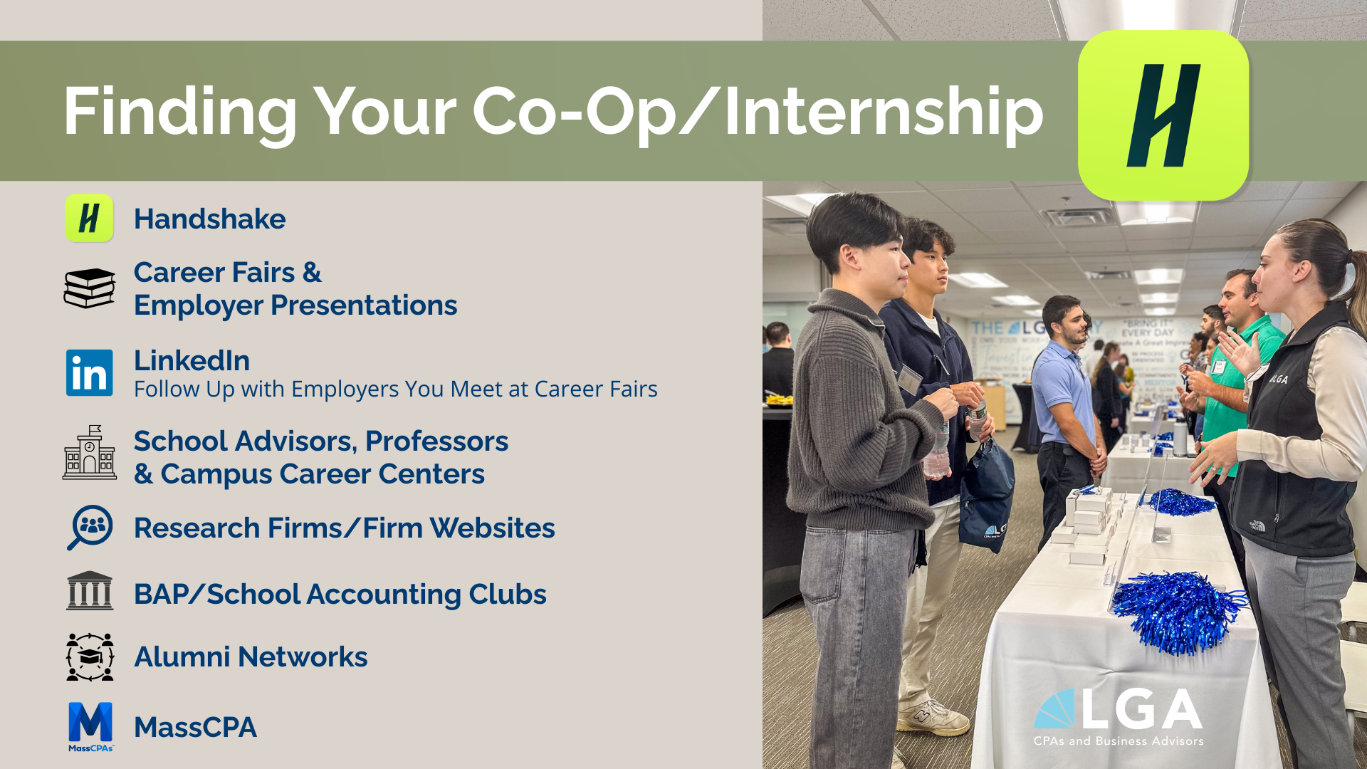 A career fair scene with students talking to a representative at an information table, with a list of career-related topics on the left side of the image, and the LGA logo at the bottom right corner.