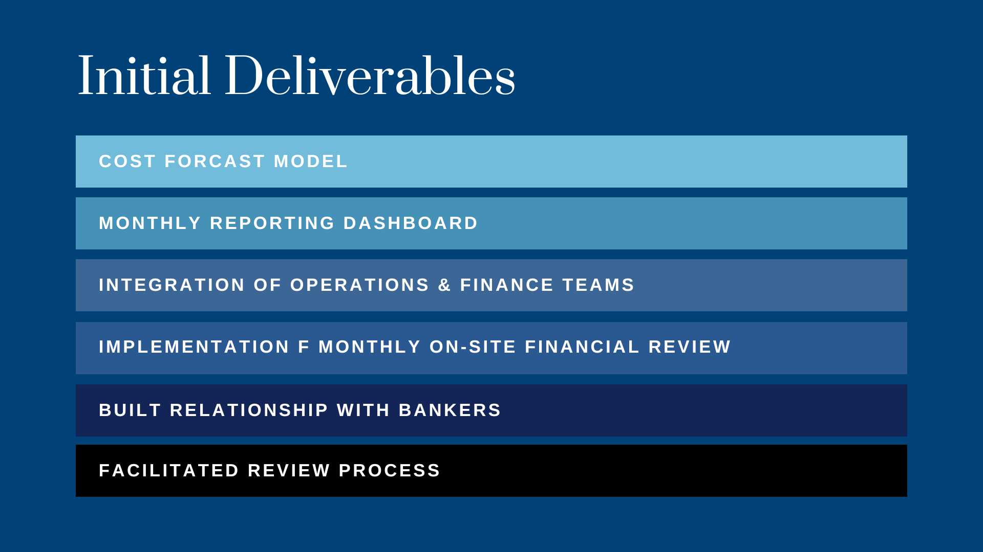 Slide titled 'Initial Deliverables' listing five items: 1. Cost Forecast Model, 2. Monthly Reporting Dashboard, 3. Integration of Operations & Finance Teams, 4. Implementation of Monthly On-Site Financial Review, 5. Built Relationship with Bankers, a