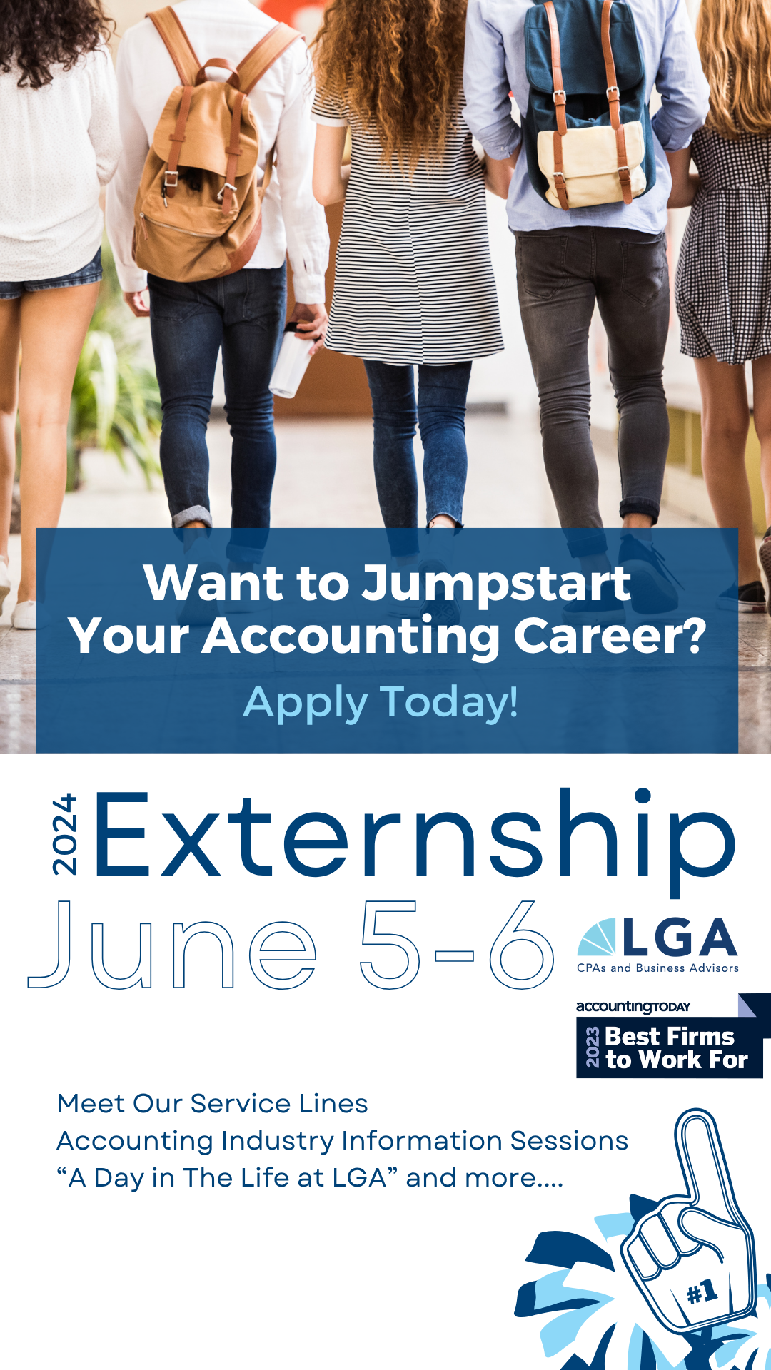 A group of diverse young people walking together with backpacks, promoting an accounting internship event on June 5-6, 2024, hosted by LGA, featuring text about applying and industry information.
