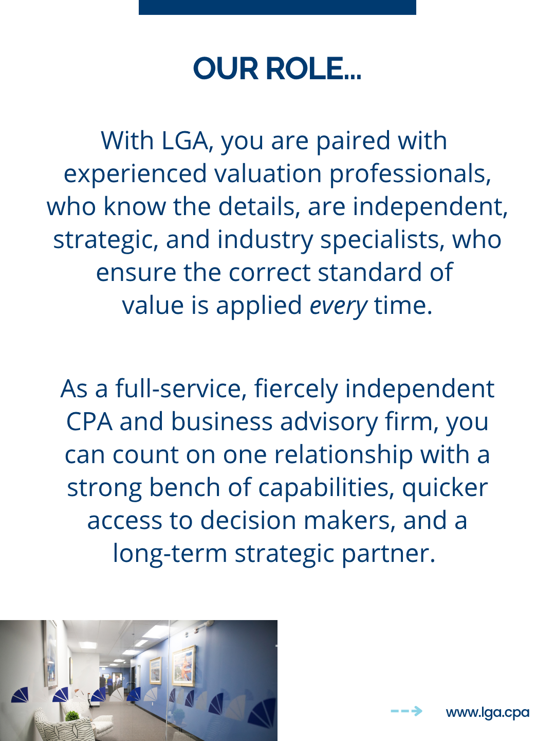 Text description of the webpage with a small photo of an office corridor at the bottom. The text discusses the role of valuation professionals and an independent CPA firm, emphasizing expertise, strategic relationships, and business advisory services