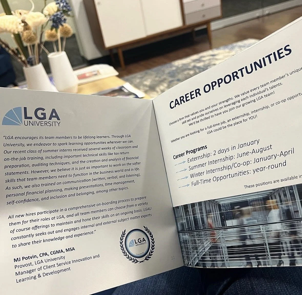 Brochure from LGA University listing career opportunities including externship, summer internship, winter internship, co-op, and full-time positions, with details on program durations and a statement encouraging lifelong learning and professional dev