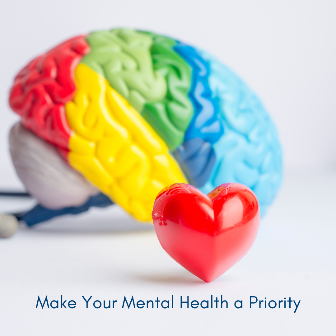 Colorful model of a human brain with a red heart in the foreground and the text 'Make Your Mental Health a Priority' at the bottom.