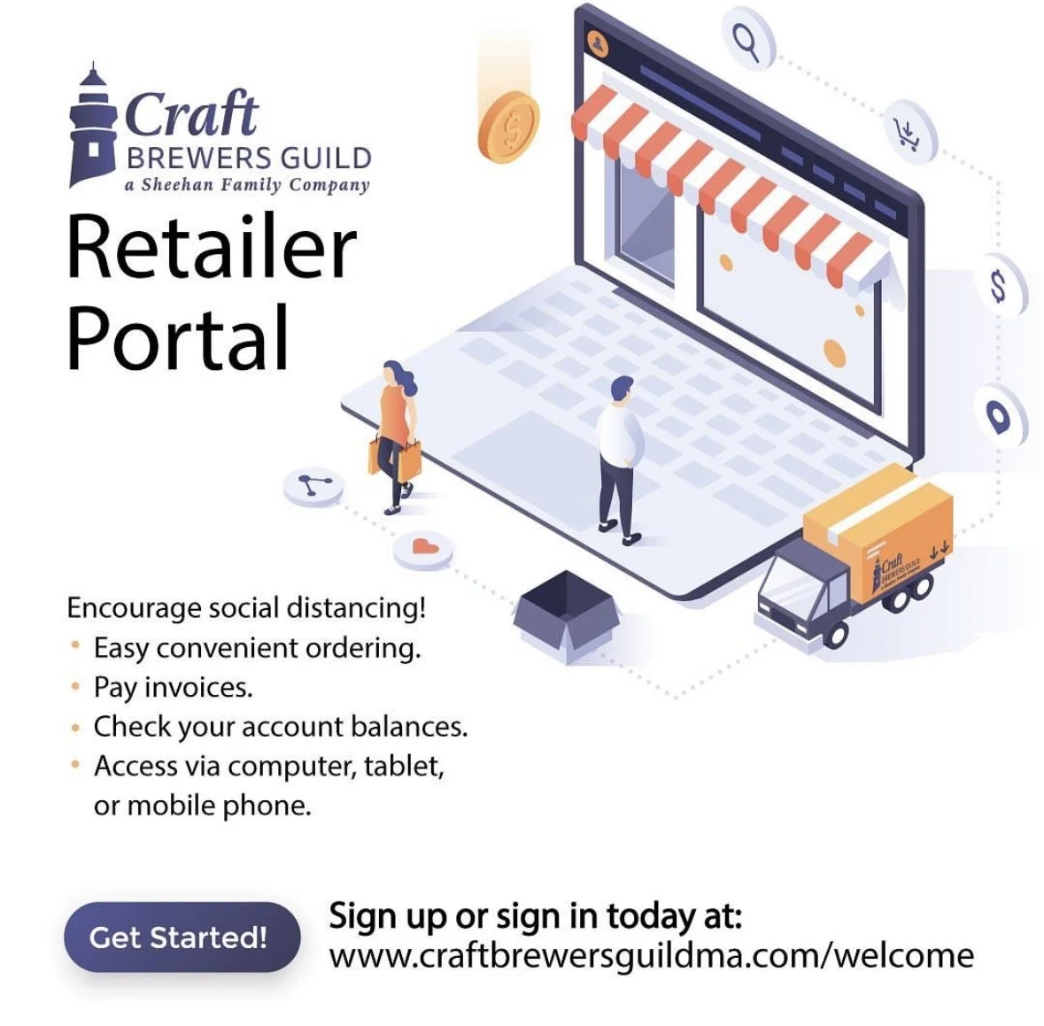 A digital illustration of a laptop with a storefront awning on its screen, and miniature people shopping online. Nearby, there is a delivery truck, and icons representing social media, location, dollar sign, magnifying glass, and heart. The text prom