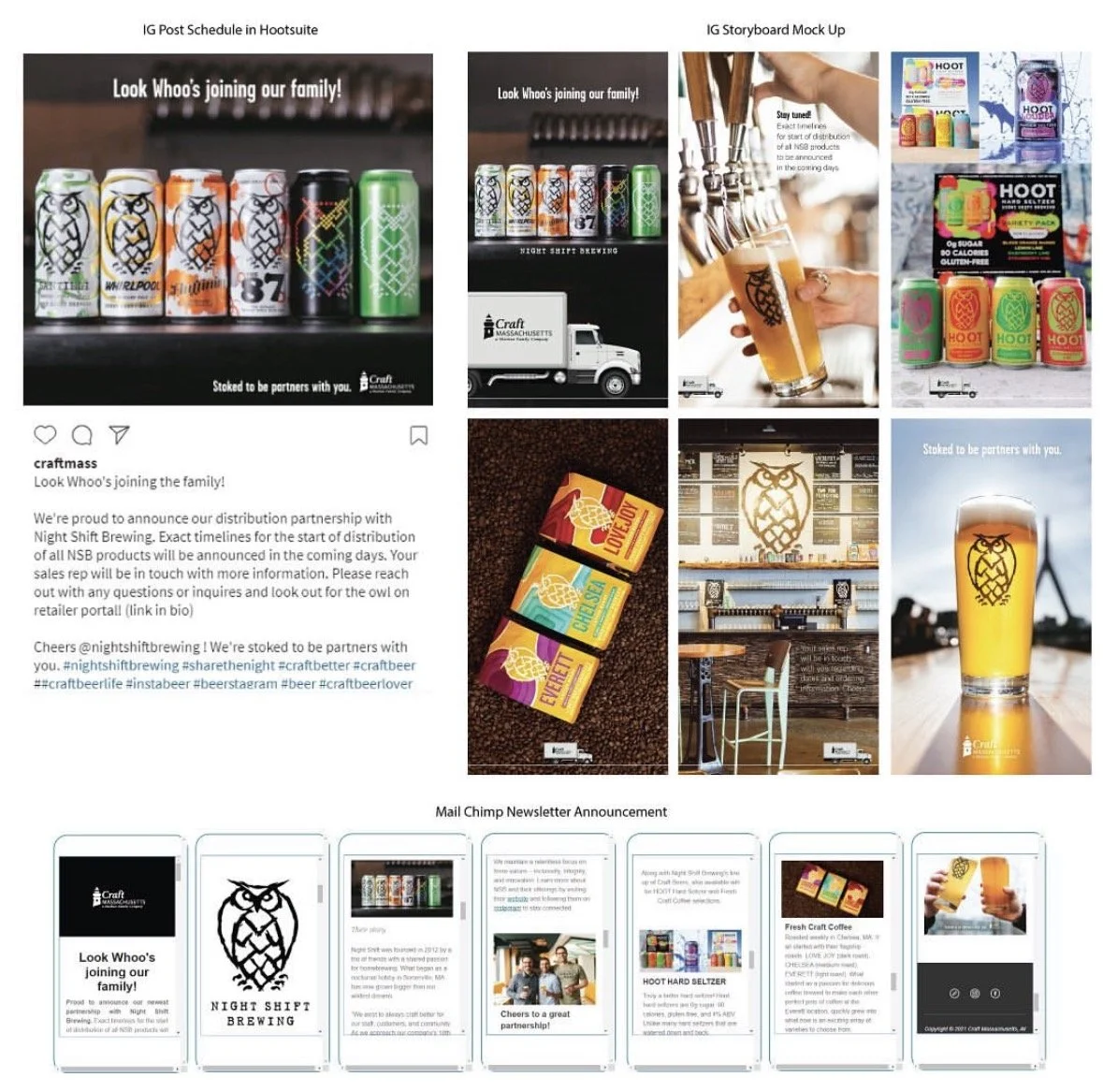 Collection of Instagram posts and stories showcasing craft beer cans, packaging, and branding from Night Shift Brewing, including a mockup of beer cans, a beer being poured, beer packaging, and related promotional content.