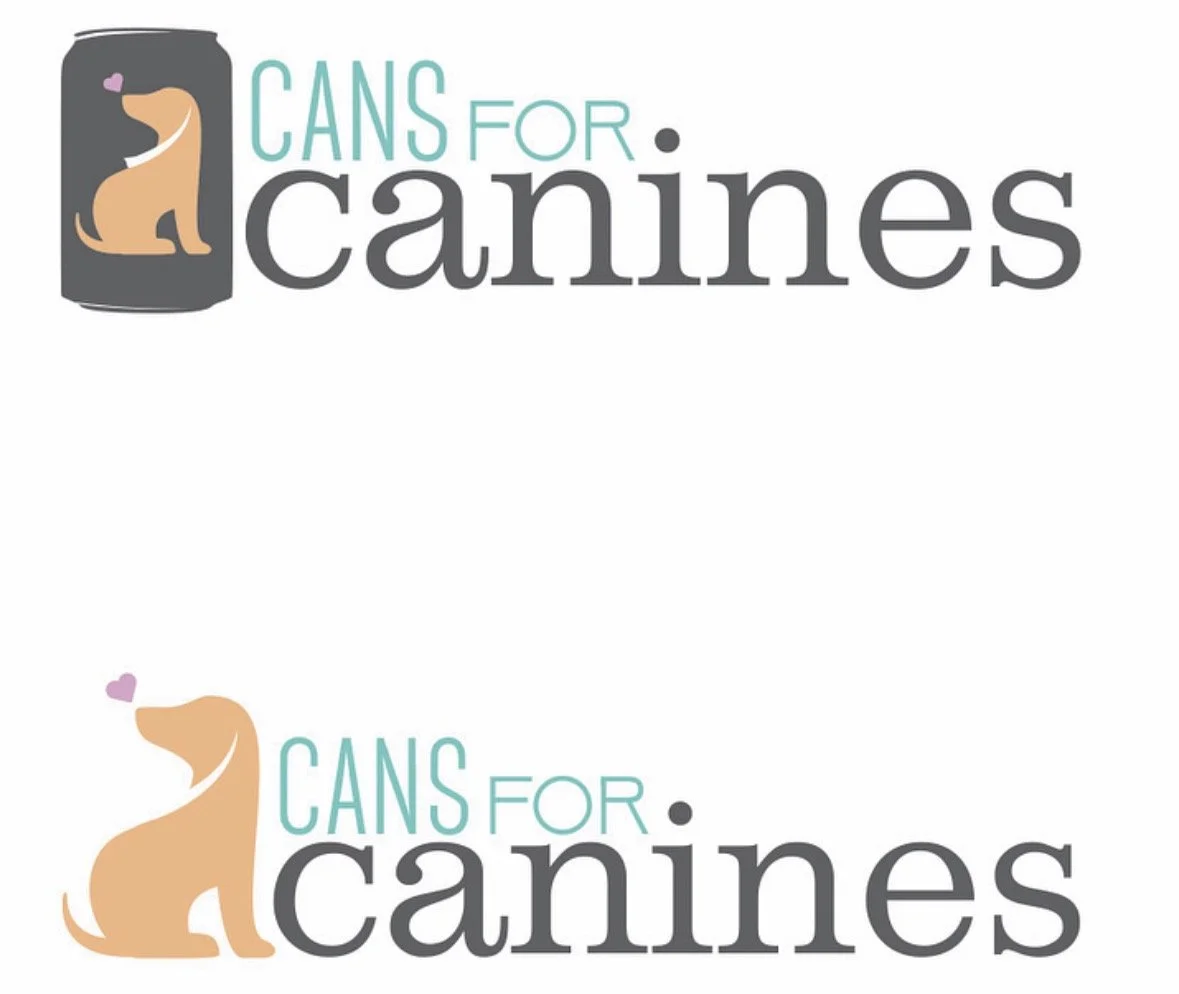Logo for Cans for Canines featuring a dog silhouette on a can, with the text 'Cans for Canines'.