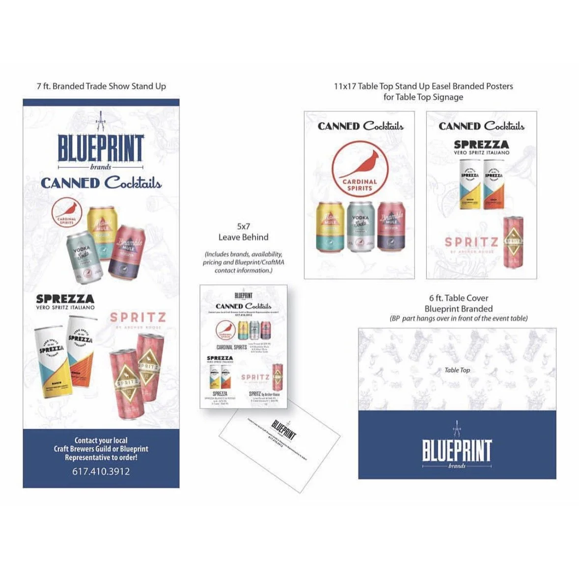 Design layout for Blueprint Brands canned cocktails and branding materials, including trade show stand-up display, table top branded posters, and table cover with Blueprint logo and product images.