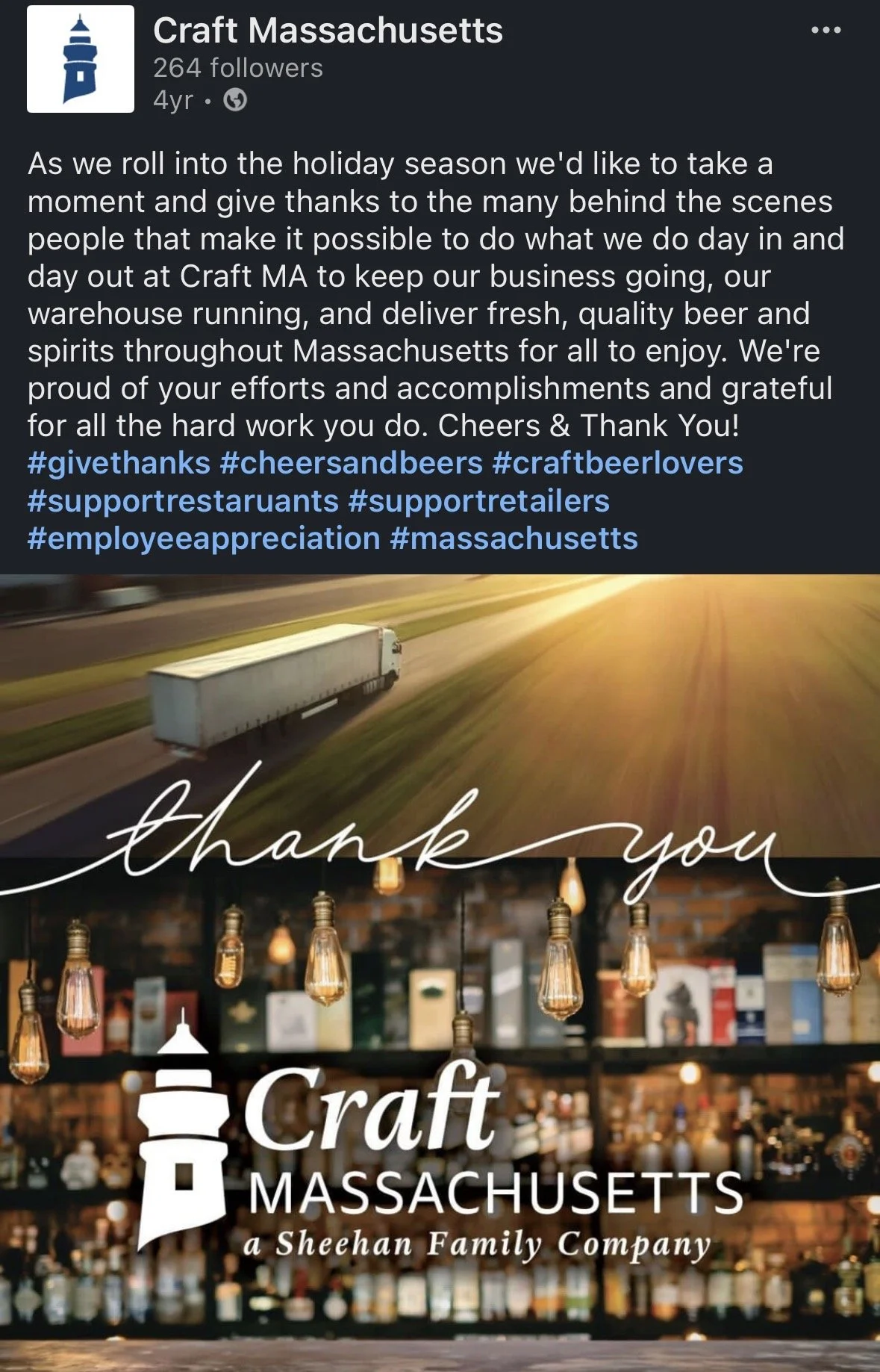 A social media post from Craft Massachusetts featuring a background image of a white delivery truck on a highway at sunset, and an interior scene of a bar with hanging light bulbs and shelves of liquor bottles. The overlay text thanks behind-the-scen