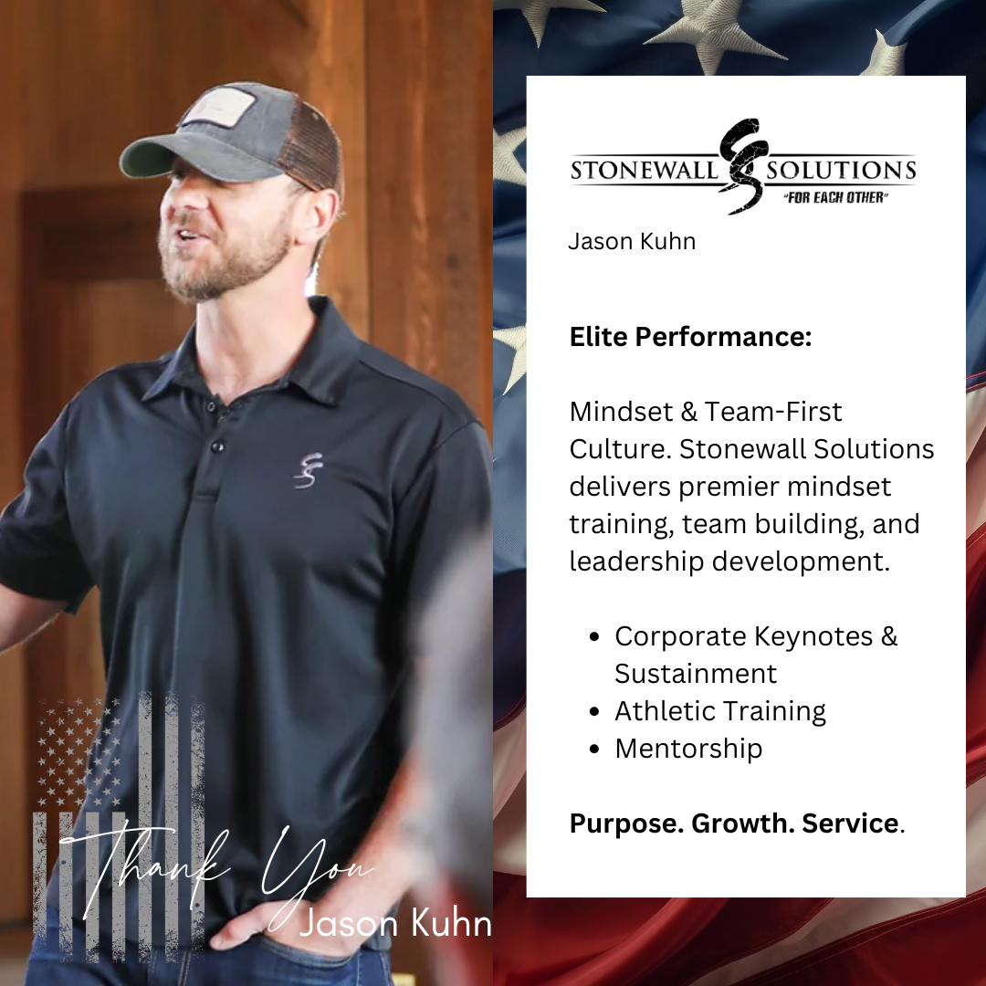 A man wearing a black polo shirt and a gray cap, standing in front of a wooden background, with a graphic displaying a thank you message and the name Jason Kuhn, alongside a card with information about Stonewall Solutions and Jason Kuhn's consulting 