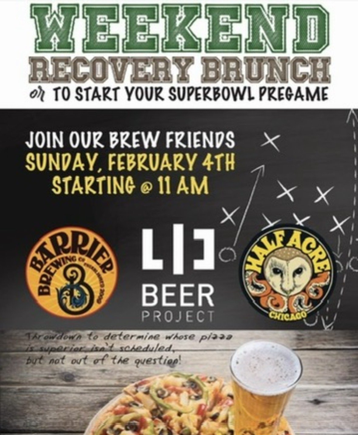 Poster advertising a weekend recovery brunch and brew friends event on Sunday, February 4th at 11 a.m., featuring a beer project with Bearfighter Brewing and Hawfacer Chicago logos, pizza, and beer.
