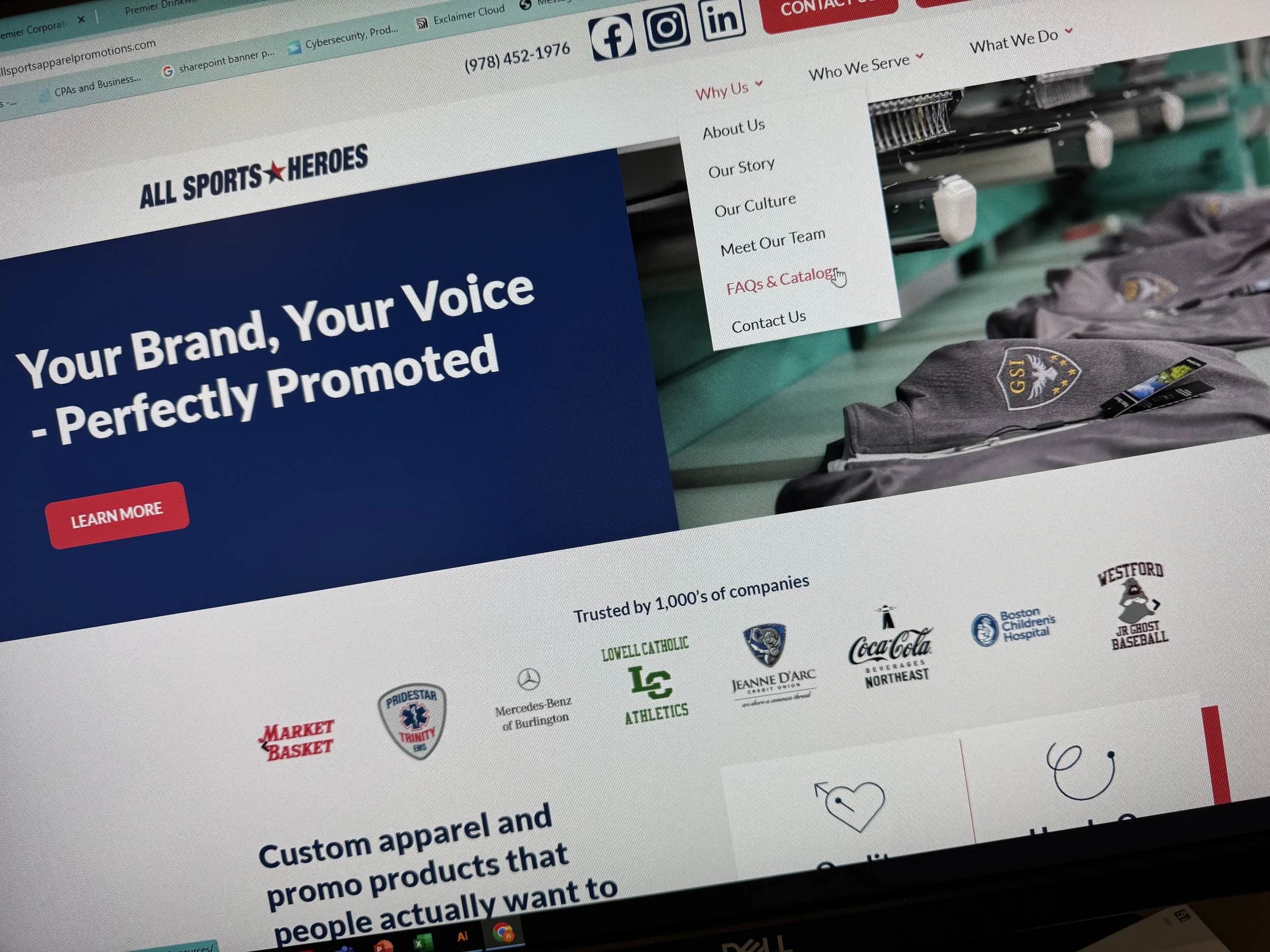 Screenshot of a website homepage for All Sports Heroes, featuring a menu with options such as About Us, Our Story, Our Culture, Meet Our Team, FAQs & Catalog, and Contact Us. The page includes headings and logos of various sports teams and organizati