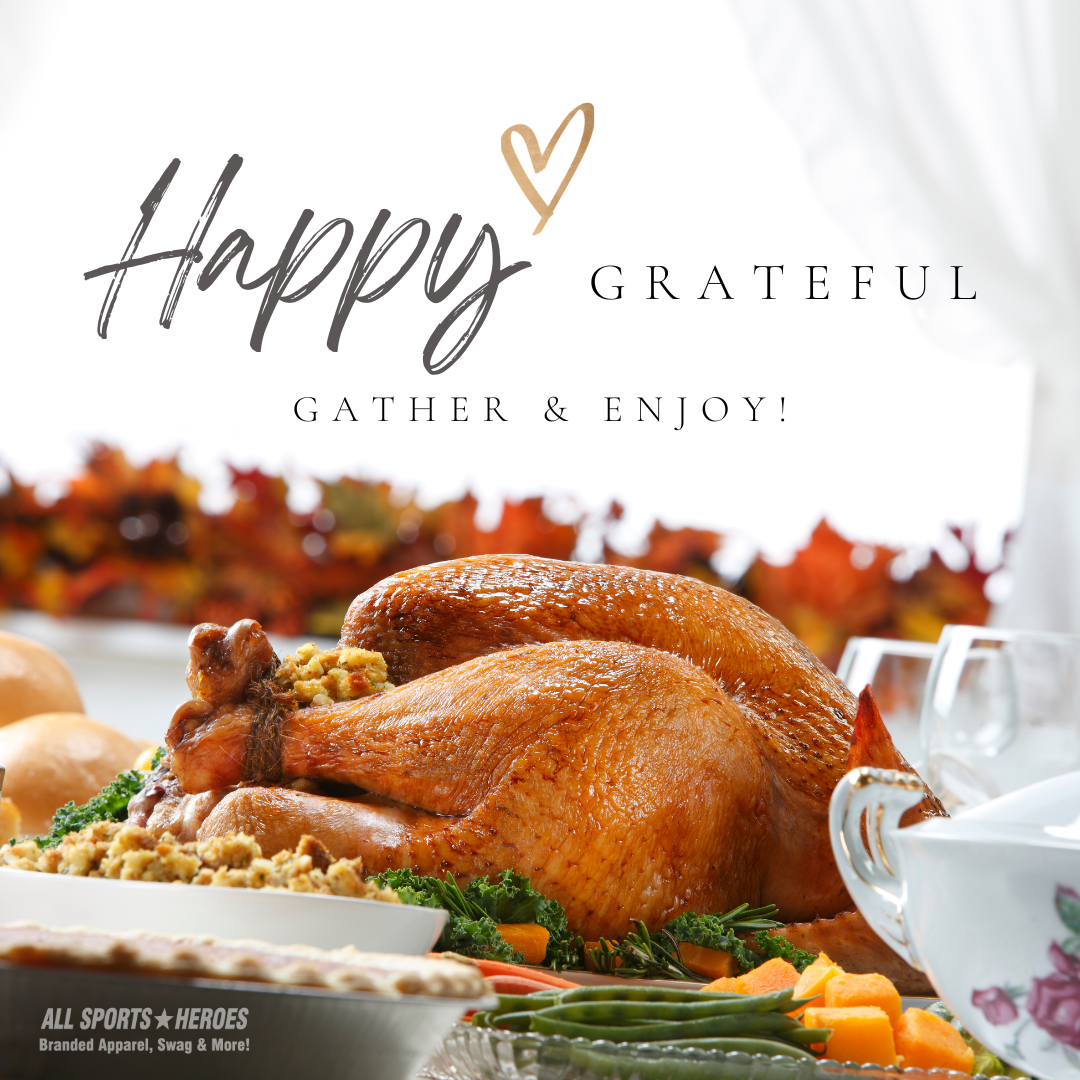 A roasted turkey on a platter surrounded by vegetables and dishes, with a festive background and a text overlay celebrating gratitude and gathering.