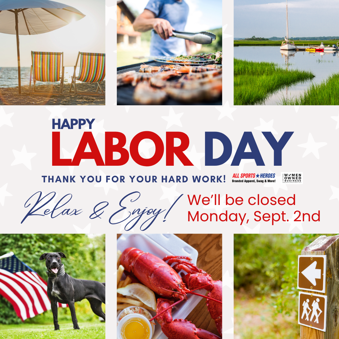A promotional graphic for Labor Day featuring images of a beach with chairs and umbrella, grilling food, a boat on water, a dog with an American flag, a lobster with lemon, and a hiking trail sign. The text says "Happy Labor Day" with a message to re