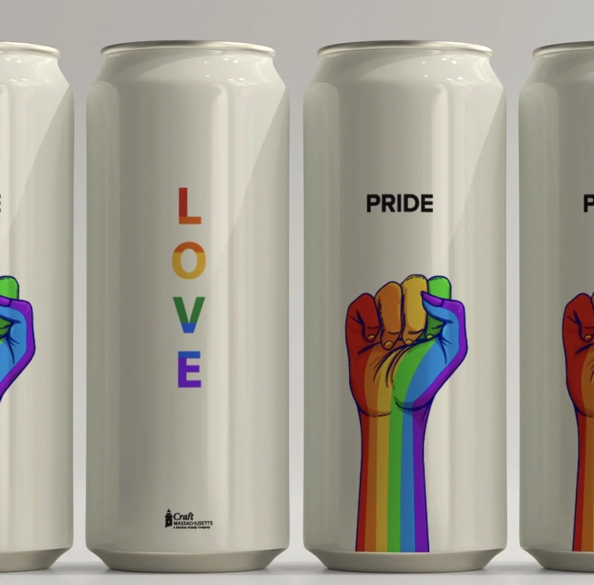 Four white cans with colorful rainbow-themed hand illustrations and the words 'LOVE' and 'PRIDE' on them.