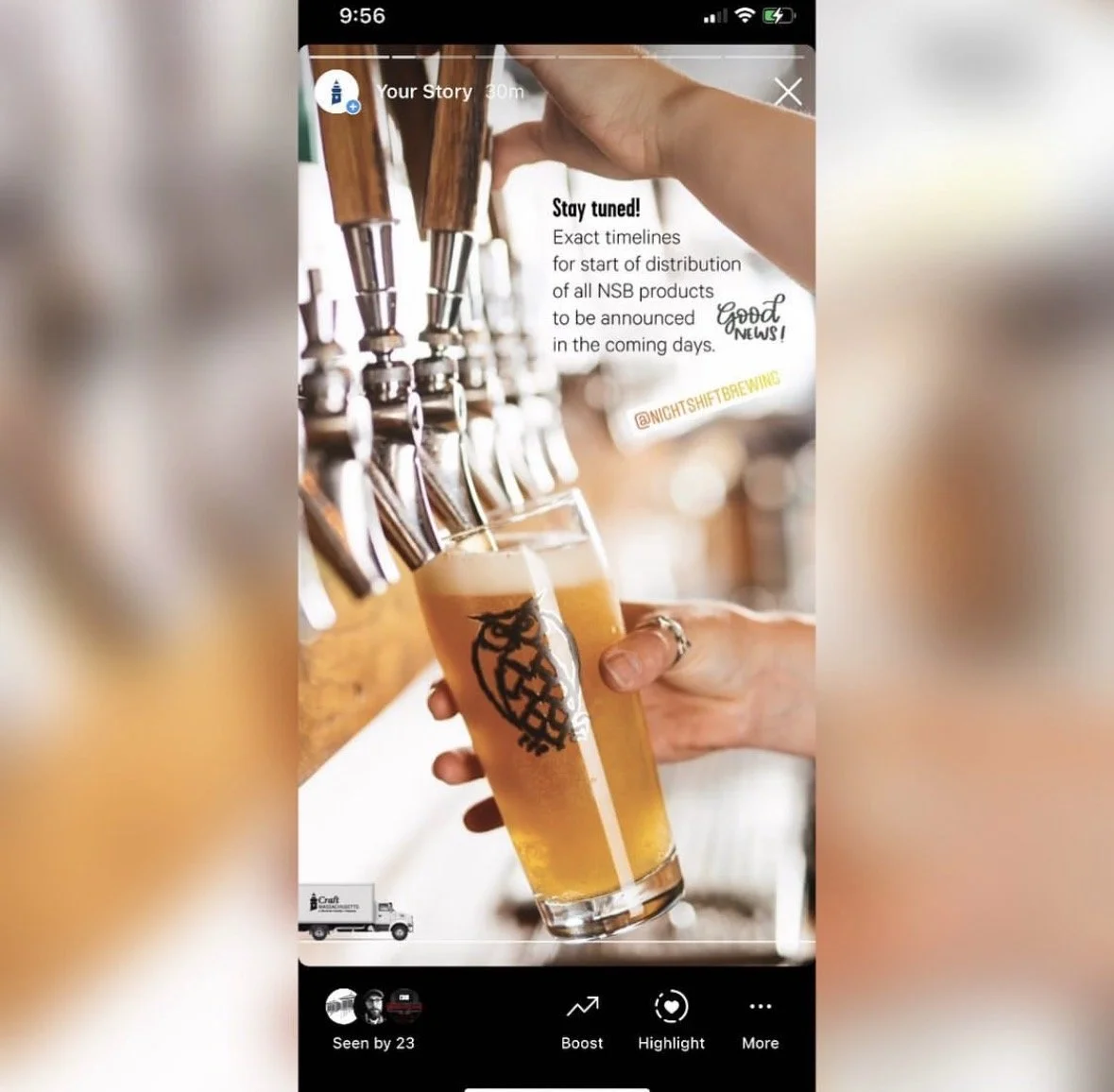 A person fills a glass of beer at a bar with multiple beer taps in the background. Text overlay mentions upcoming product distribution, with a note reading 'Good news!' and a handle '@NIGHTSHIFTBREWING'.