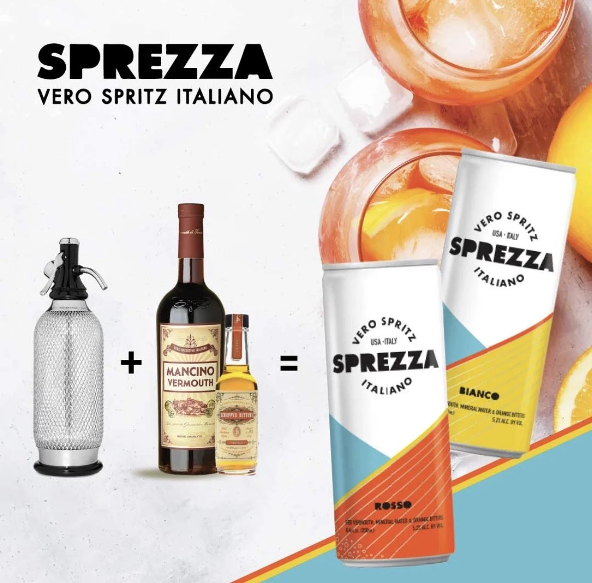 Image showing a cocktail recipe with a soda siphon, a bottle of Mancino Vermouth, and a small bottle of bitters, resulting in a pre-mixed beverage labeled 'Sprezza Italian' with orange, yellow, and blue can designs, in the background are glasses with