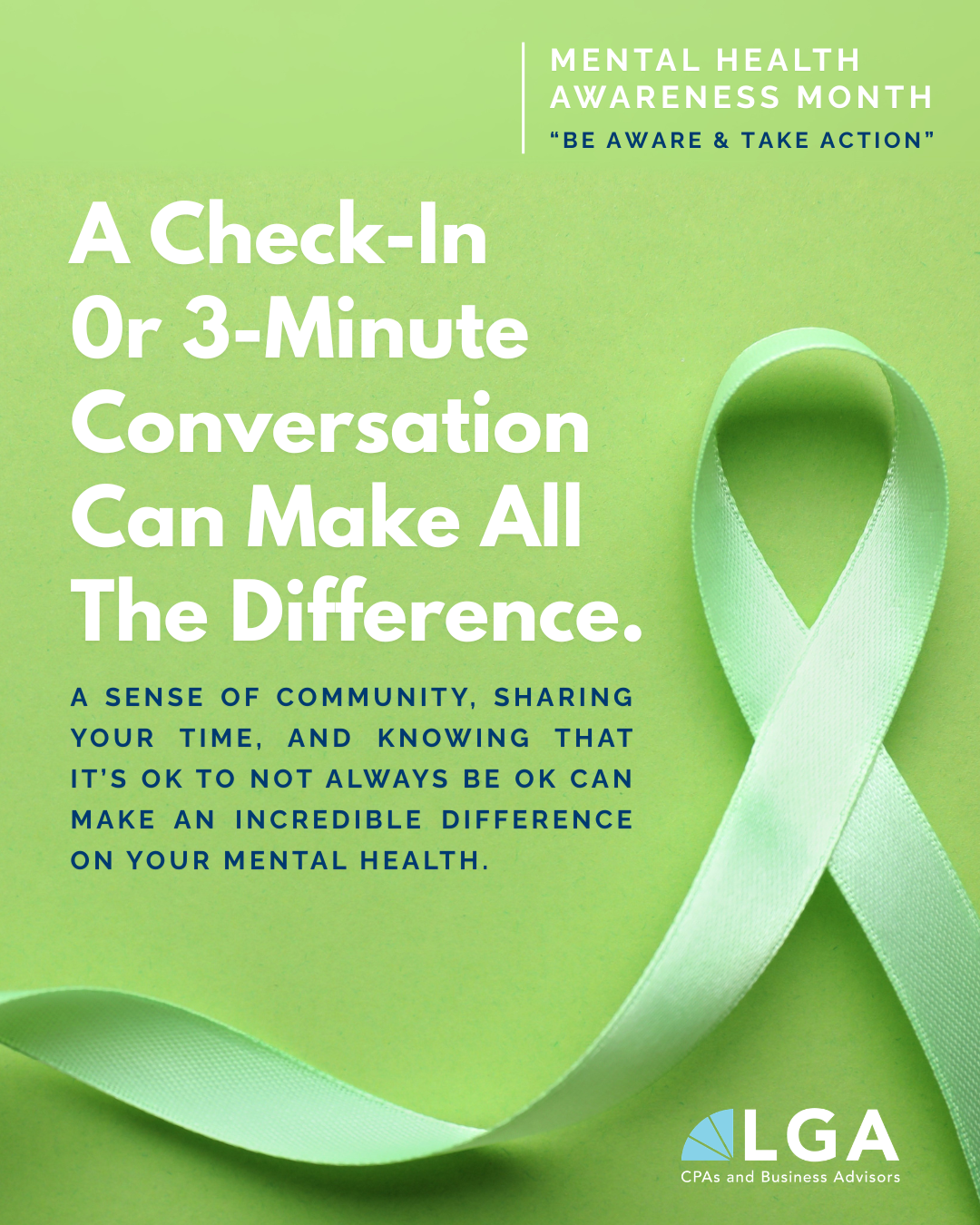Green background with a green ribbon symbolizing mental health awareness. Text promoting mental health awareness month and the importance of check-in conversations.