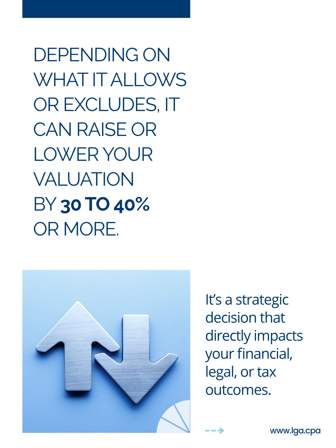 Text and downward arrows on a blue background discussing valuation impacts and strategic decision making.