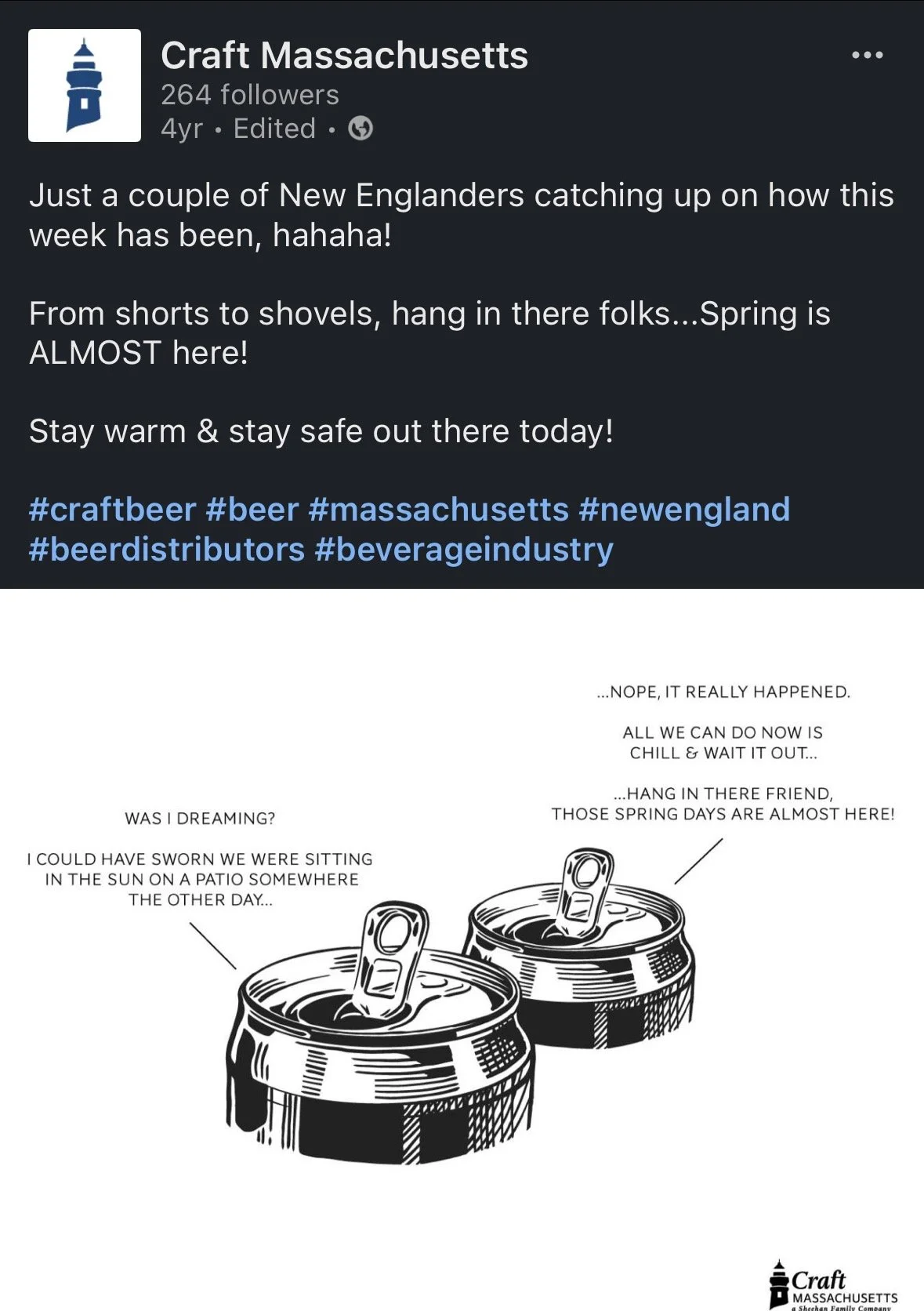 A social media post from Craft Massachusetts with a drawing of two soda cans, each with a can tab open. One can has speech bubbles suggesting they are dreaming of sitting in the sun, while the other encourages hanging in there as spring approaches.