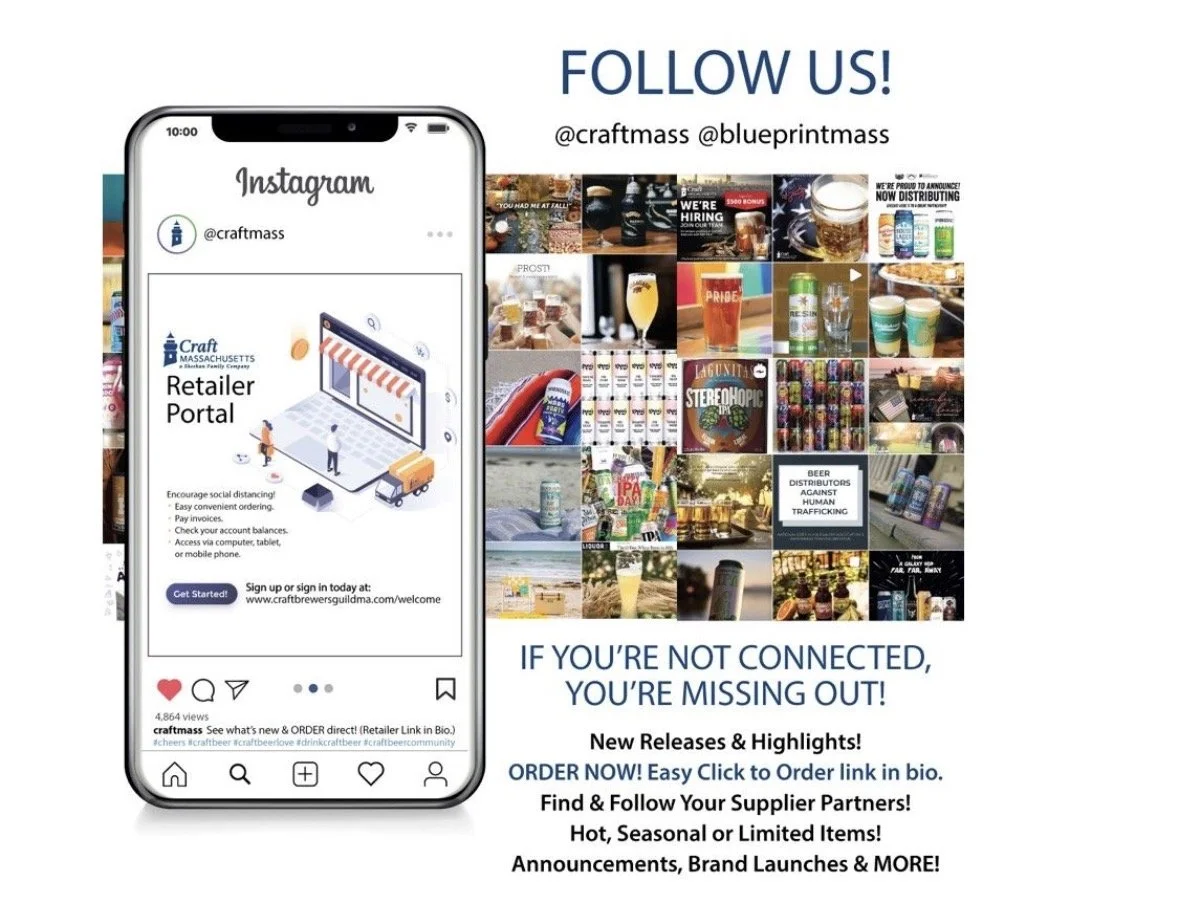Social media advertisement encouraging following the account @craftmass and @blueprintmass for updates on craft beverages, featuring a phone displaying the Instagram page for craft Massachusetts, and a collage of beer-related images and announcements