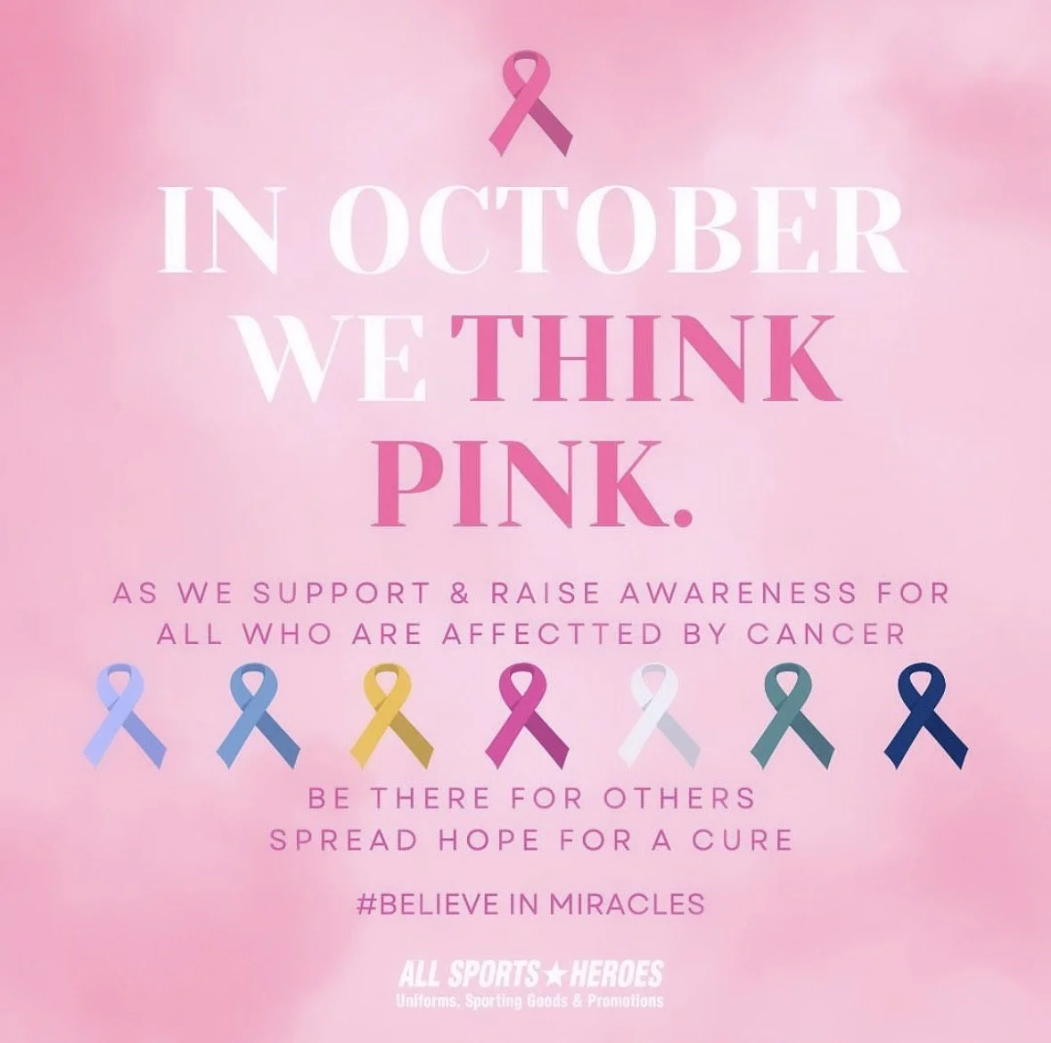 Pink background with pink ribbon symbol and text supporting Breast Cancer Awareness in October, with colored ribbons representing different causes and a message of hope and support.