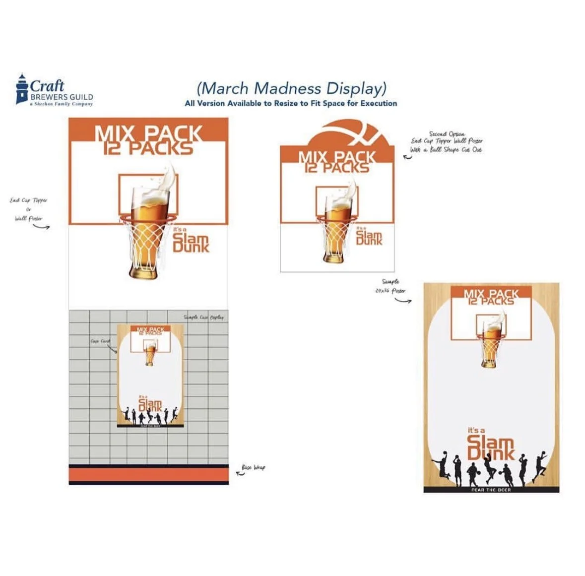 Design plans for a basketball-themed party poster titled "It's a Slam Dunk" with an image of a beer glass with a basketball hoop attached, and various layout and style details.