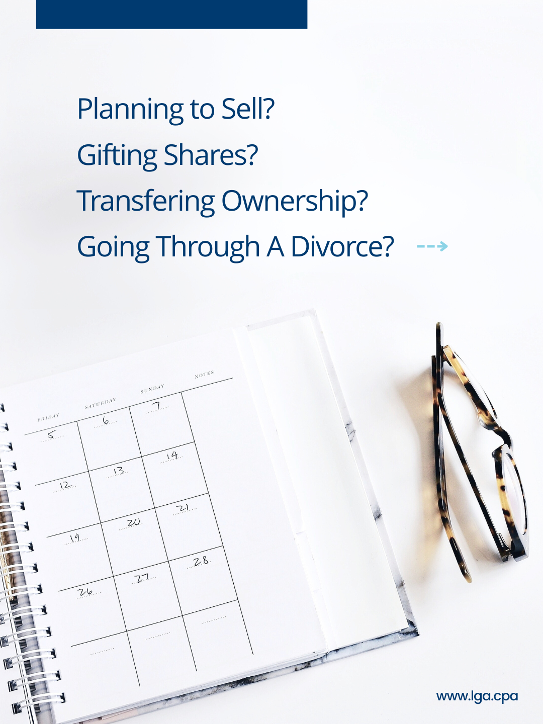 A white desk with a planner open to a monthly calendar, a pair of tortoiseshell glasses, and a webpage overlay with questions about selling, gifting shares, transferring ownership, and divorce.