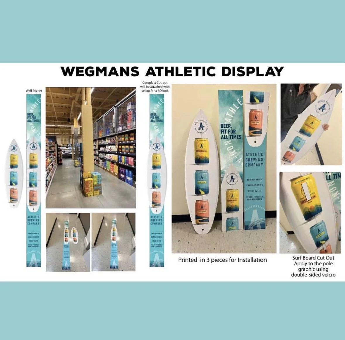 Instructions for creating promotional surfboard cutouts for Wegmans athletic display, showing wall sticker, cut-out templates, installation methods, and product images for advertising.