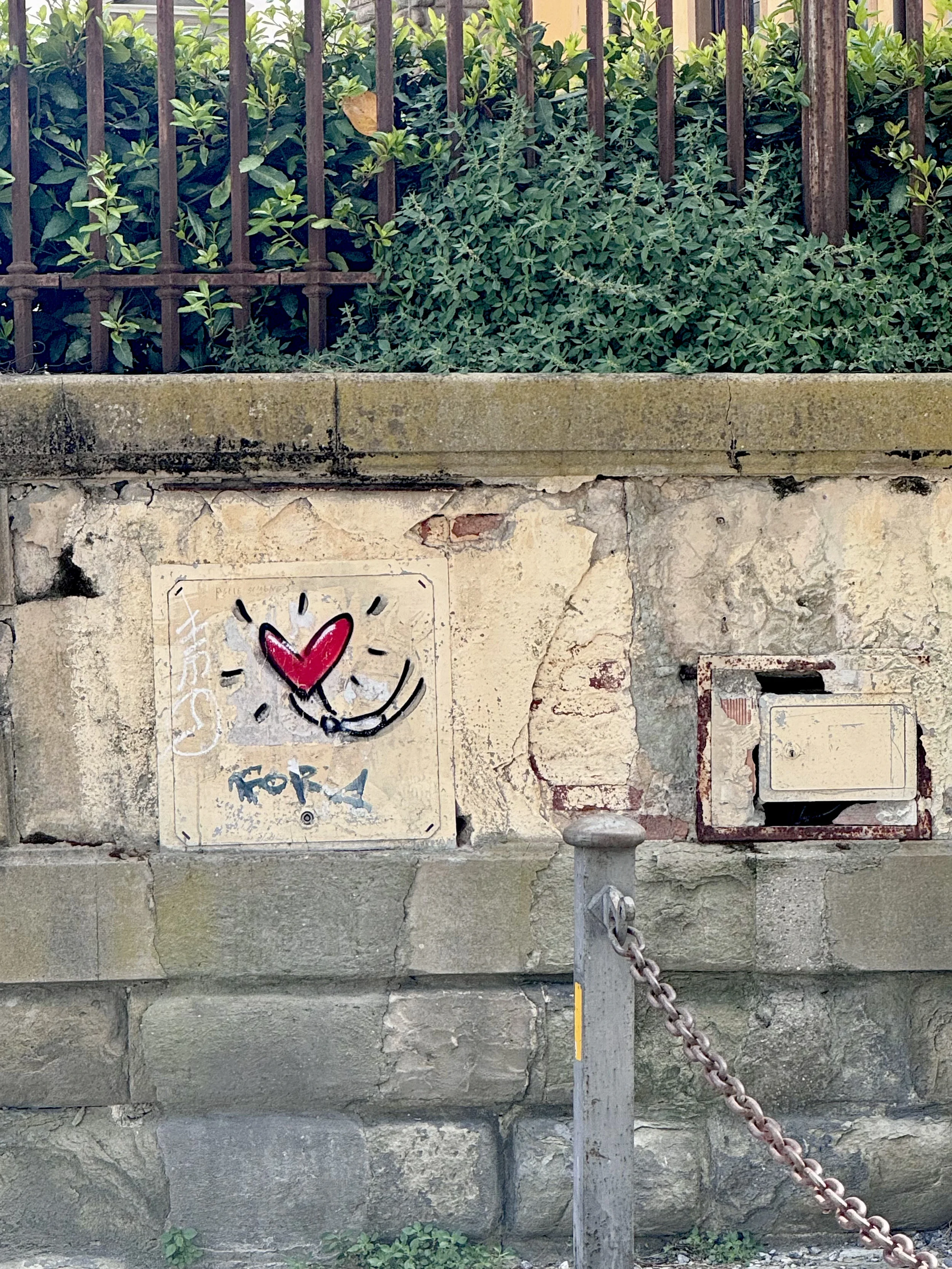 A weathered stone wall with graffiti and an old electrical box, partially covered by green plants, with a chain barrier in front.